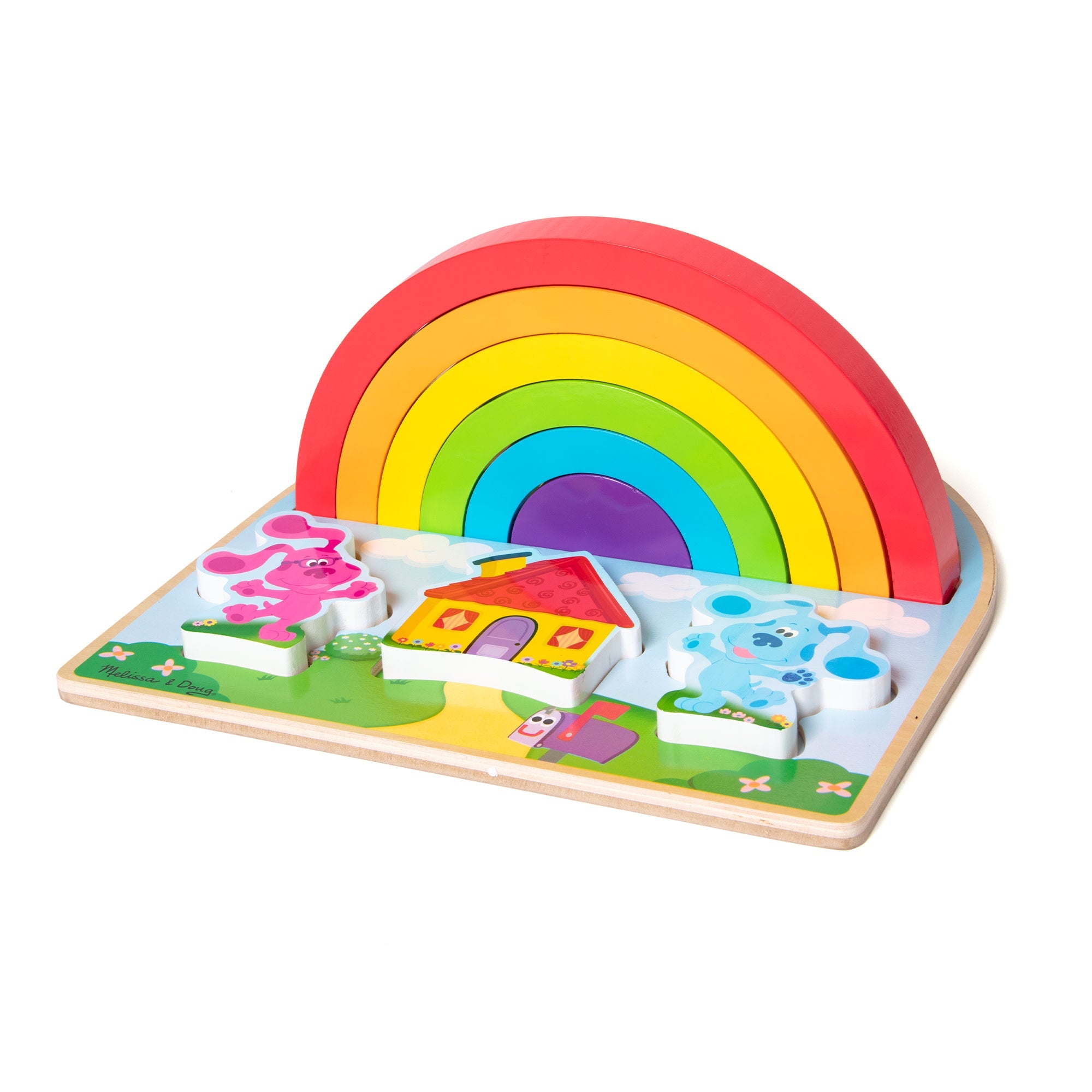Melissa & Doug wooden rainbow stacking puzzle on base with animal and house pieces