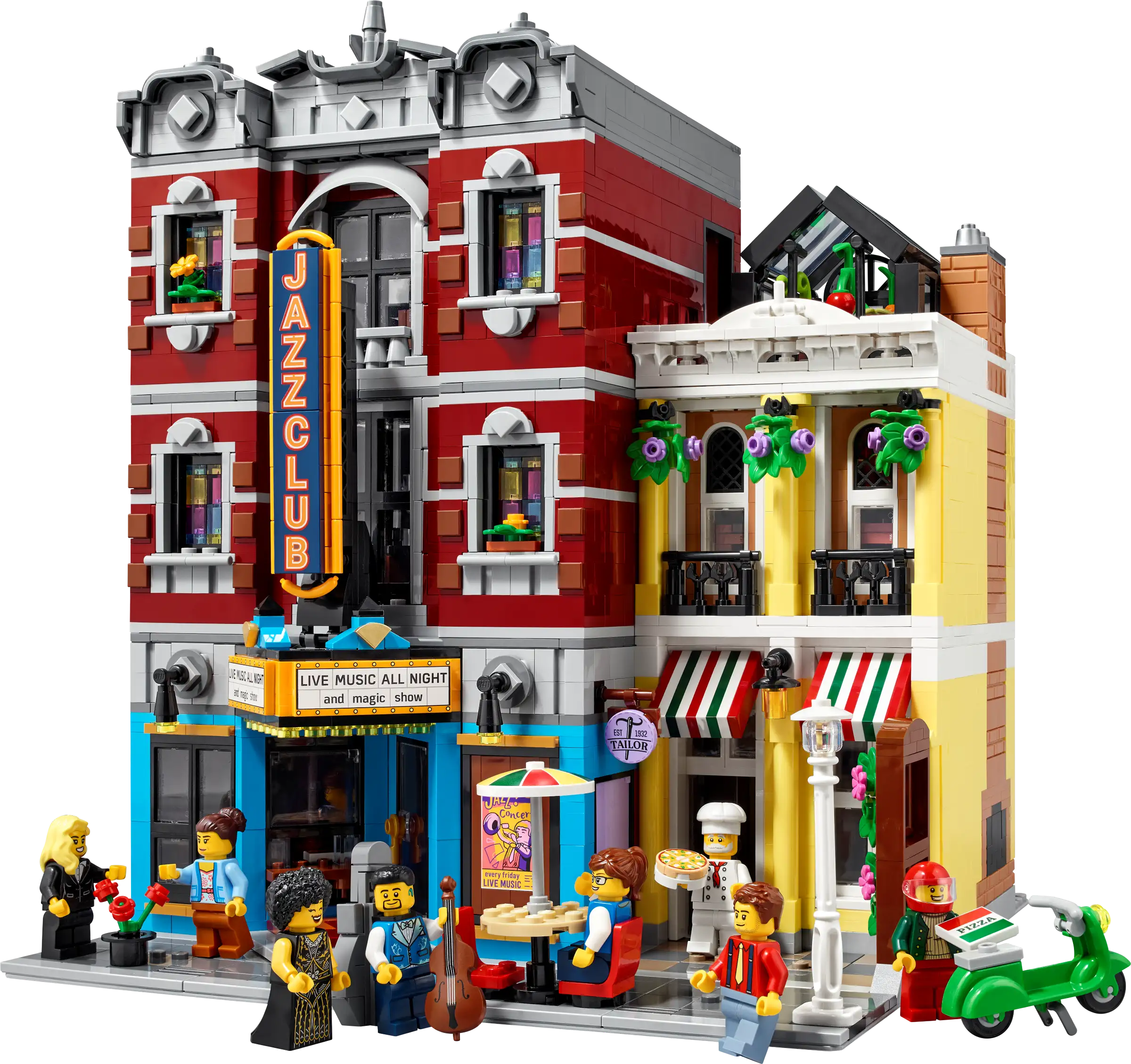 LEGO model of a street scene with buildings and characters, including a Jazz Club.