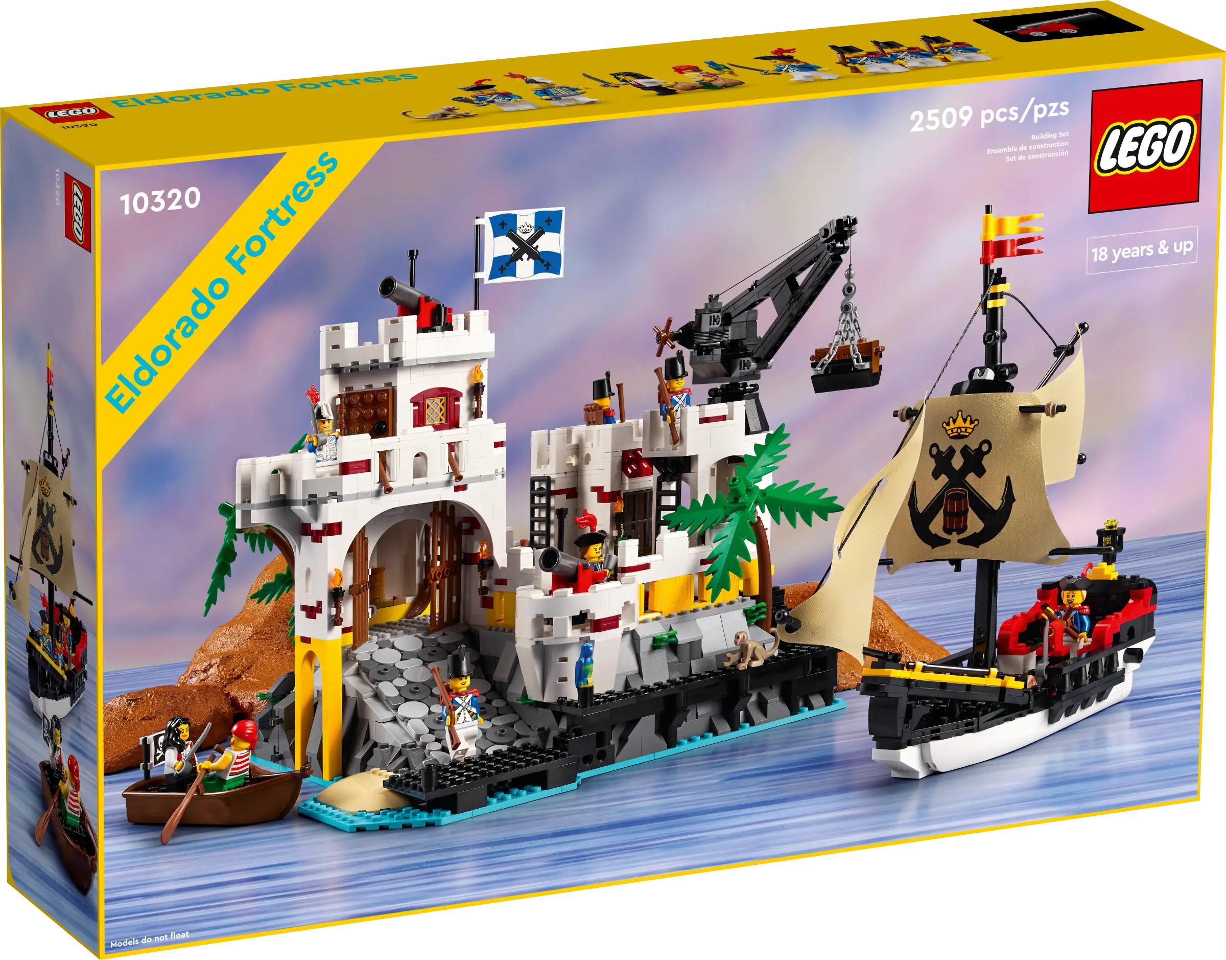 LEGO Eldorado Fortress set packaging with pirate ship and castle model.