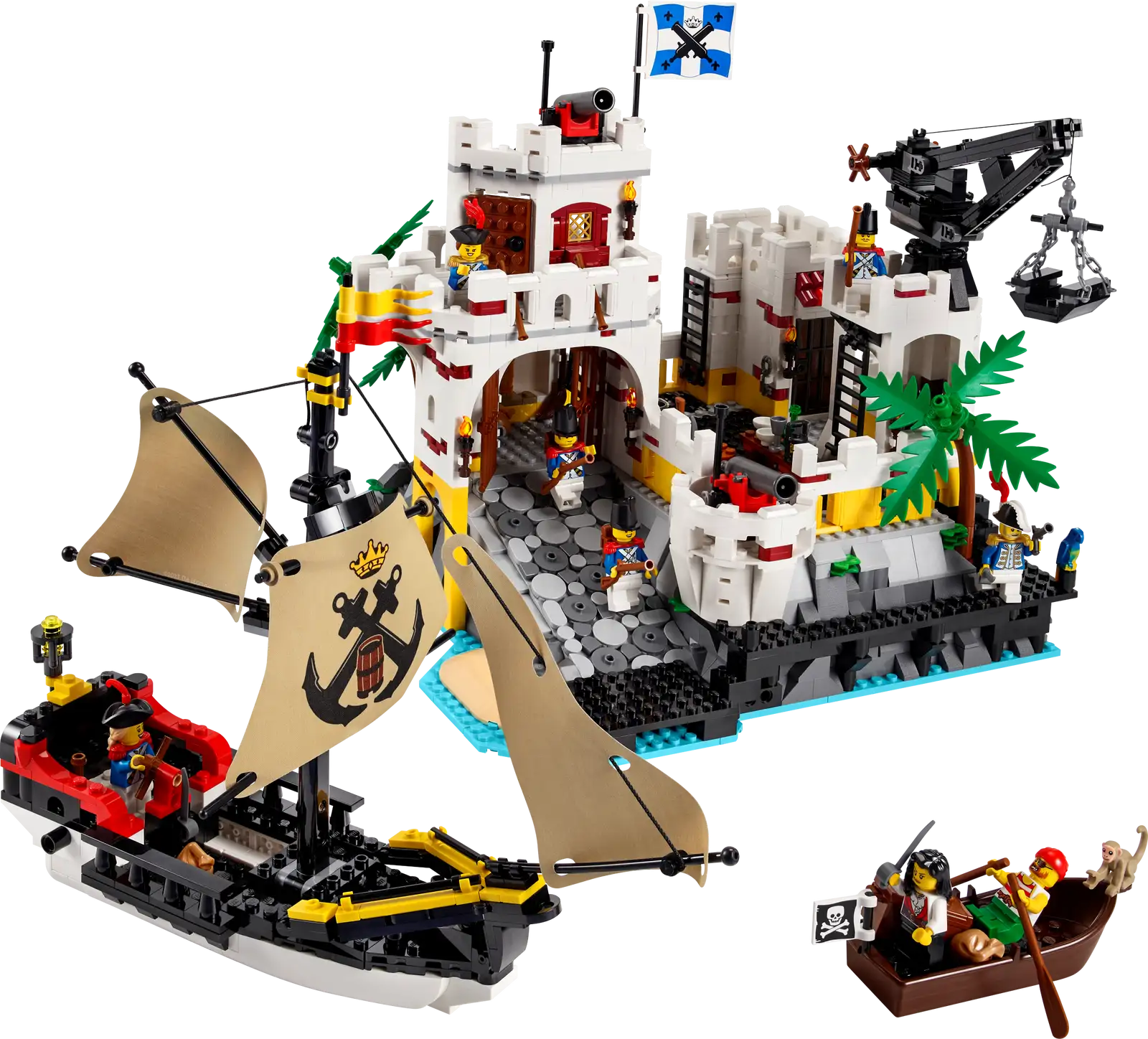 Pirate-themed LEGO set with ship, castle, and figures on a white background