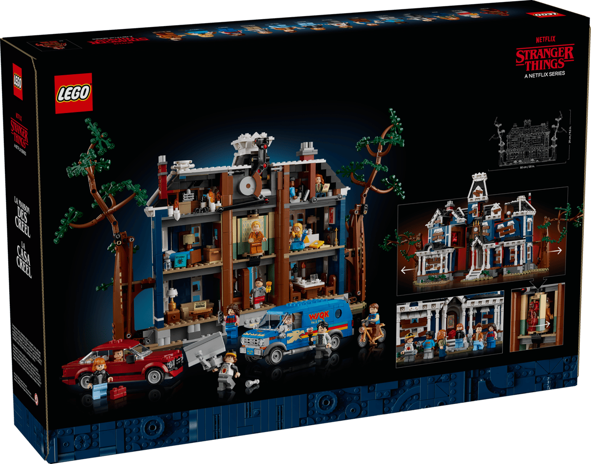 LEGO Stranger Things set packaging with detailed model and characters on a black background