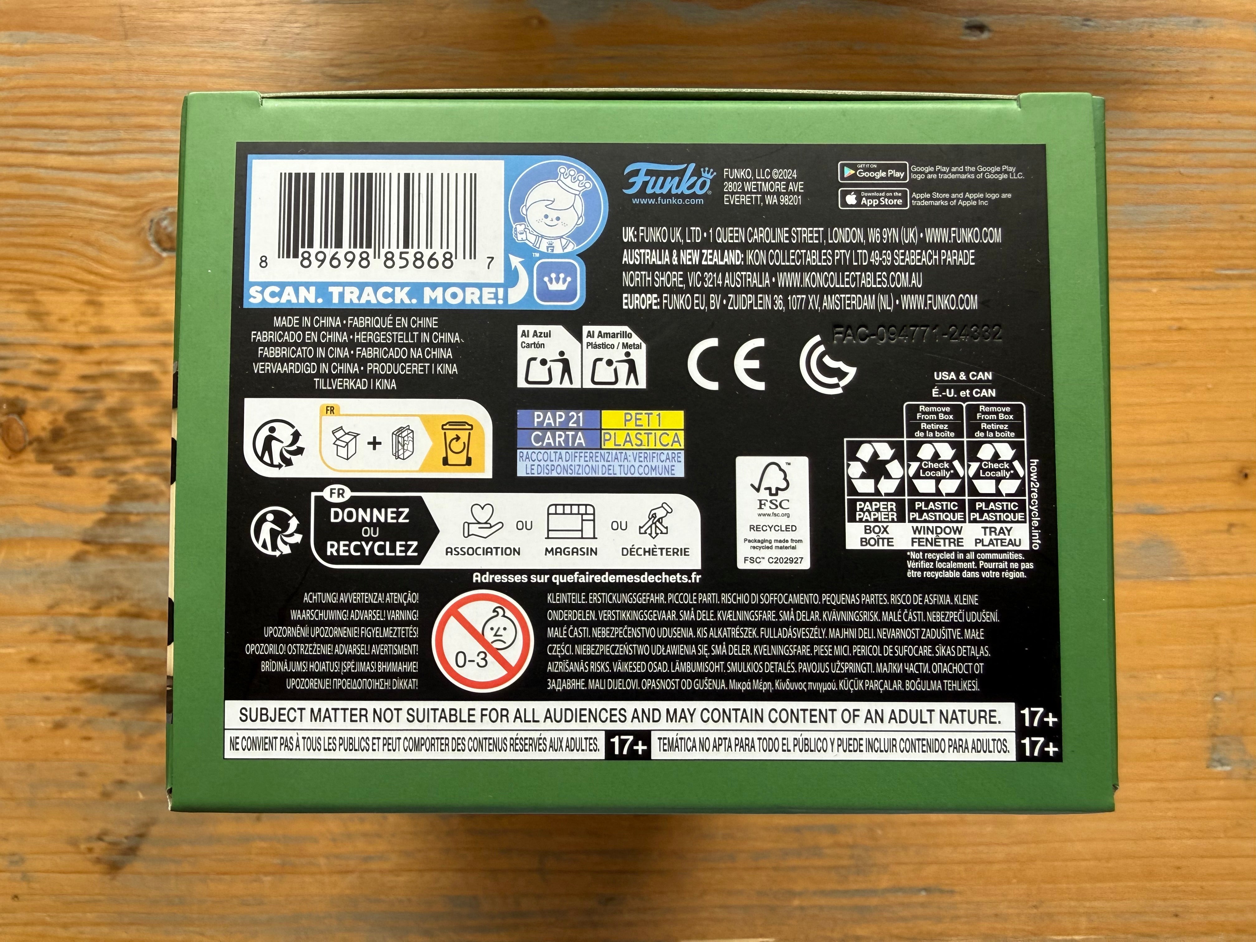 Funko Pop! Digital alien figure box back panel with barcode and recycling icons