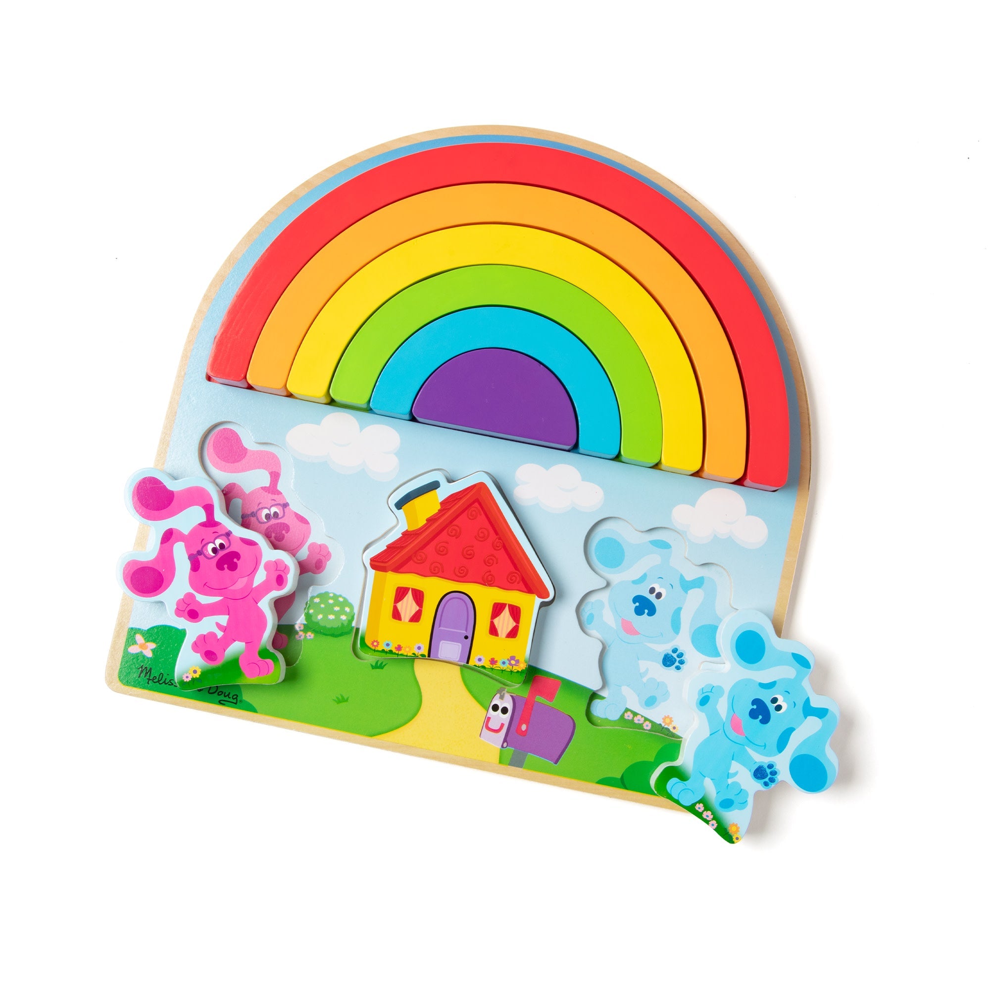 Melissa & Doug wooden rainbow stacking puzzle with house, clouds, and animal pieces
