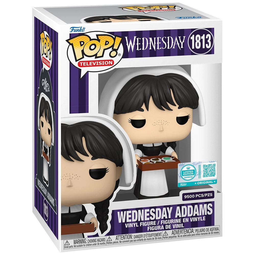 Funko Pop Wednesday Addams vinyl figure in retail box, wearing apron and holding tray