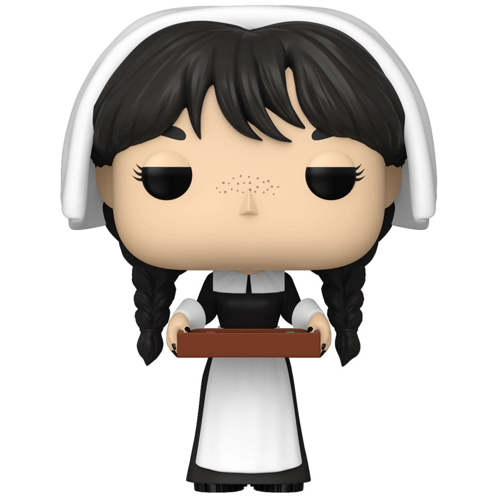 Wednesday Addams Funko Pop vinyl figure with headphones, holding a brown tray