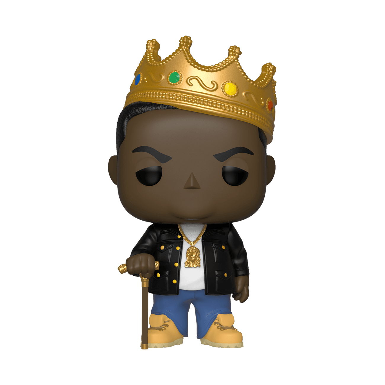Funko Pop! vinyl figure with smiling face and gold crown, black jacket