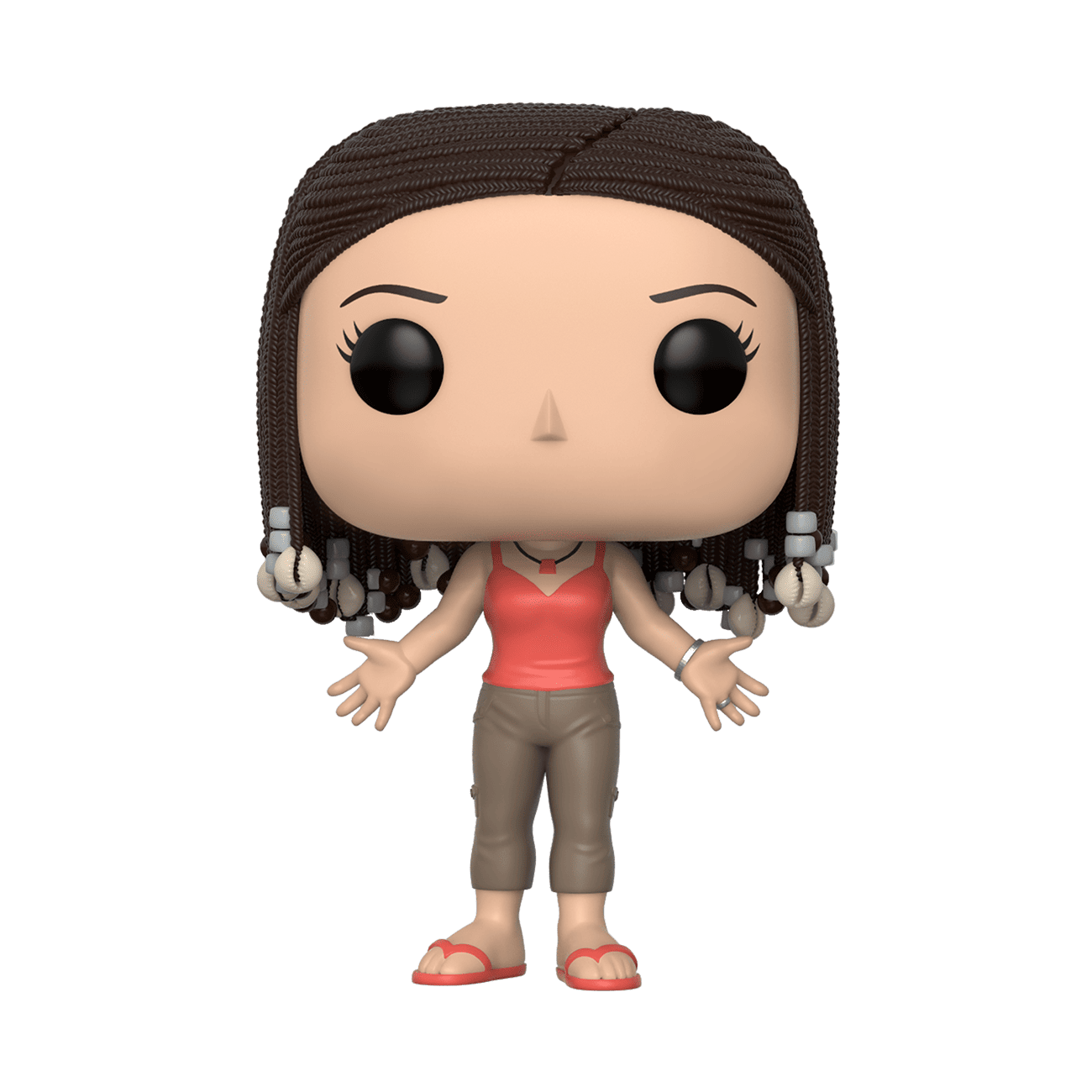Vinyl collectible figure with dark hair headband, red sleeveless top, tan pants, sneakers