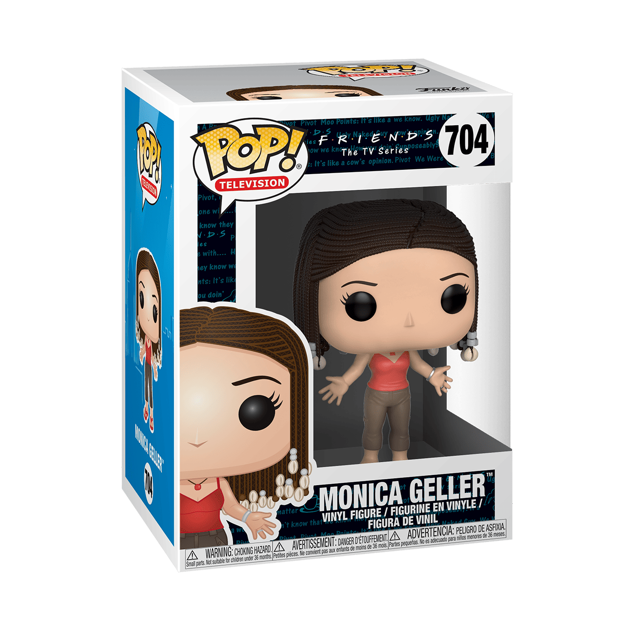 Vinyl collectible figure in box, red top and tan pants with dark hair headband