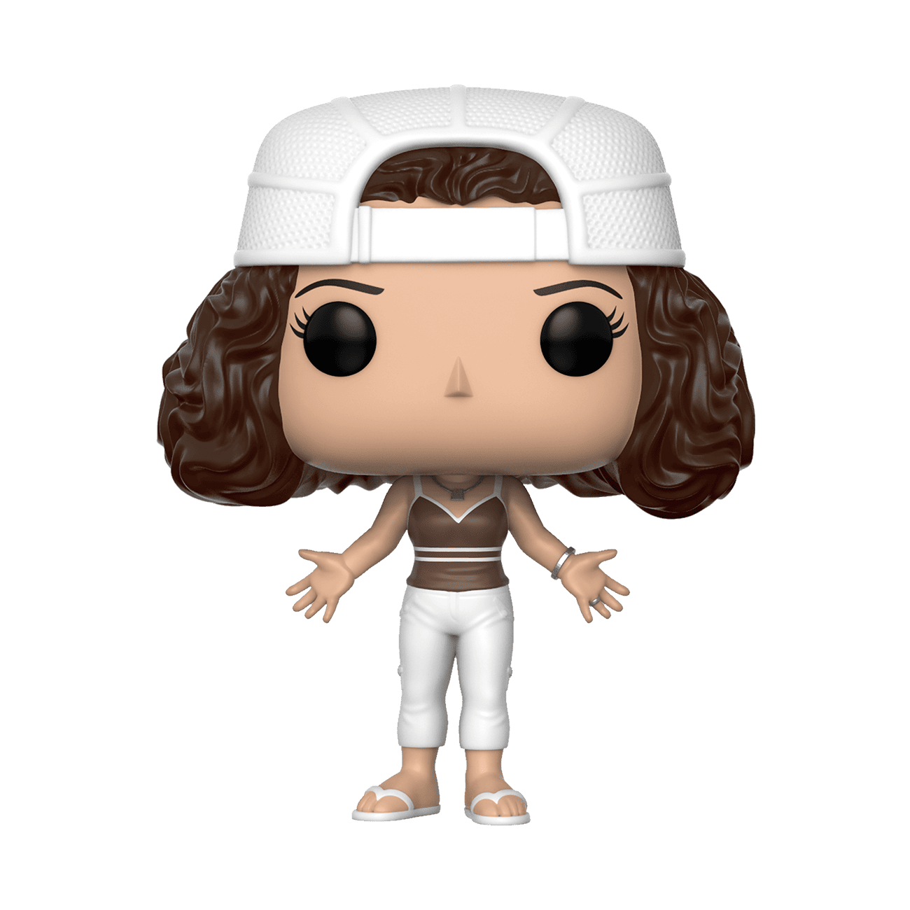Funko Pop Monica Geller vinyl figure full body, white cap, frizzy brown hair, tan shoes.