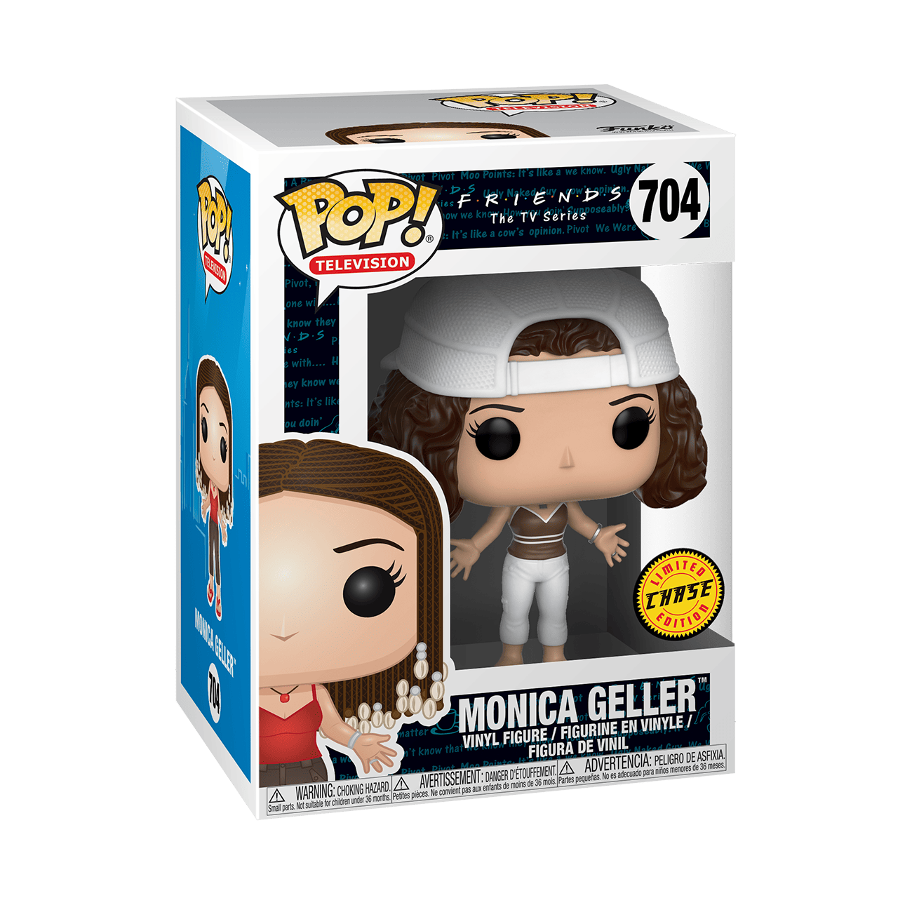 Funko Pop Monica Geller Chase Edition vinyl figure box with white cap and frizzy brown hair.