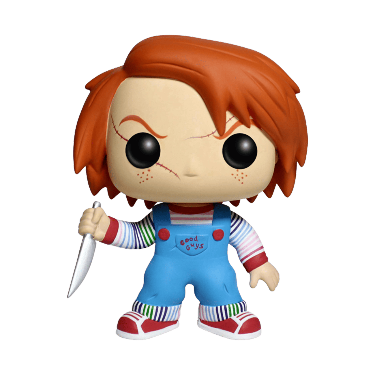 Chucky vinyl figure with orange-brown hair, stitched face, striped sleeves, blue overalls