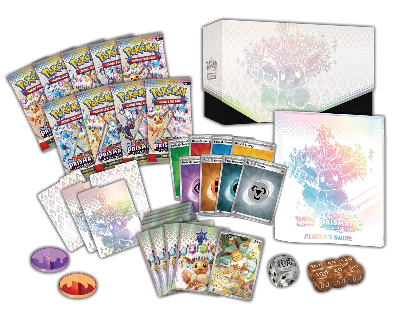 Pokémon TCG Elite Trainer Box with player guide, cards, and accessories including dice