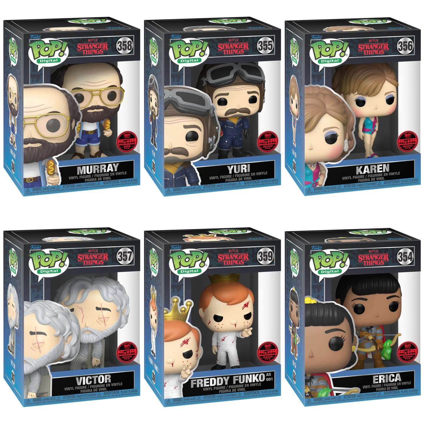 Set of six 'Stranger Things' Pop! Vinyl figures in their packaging.