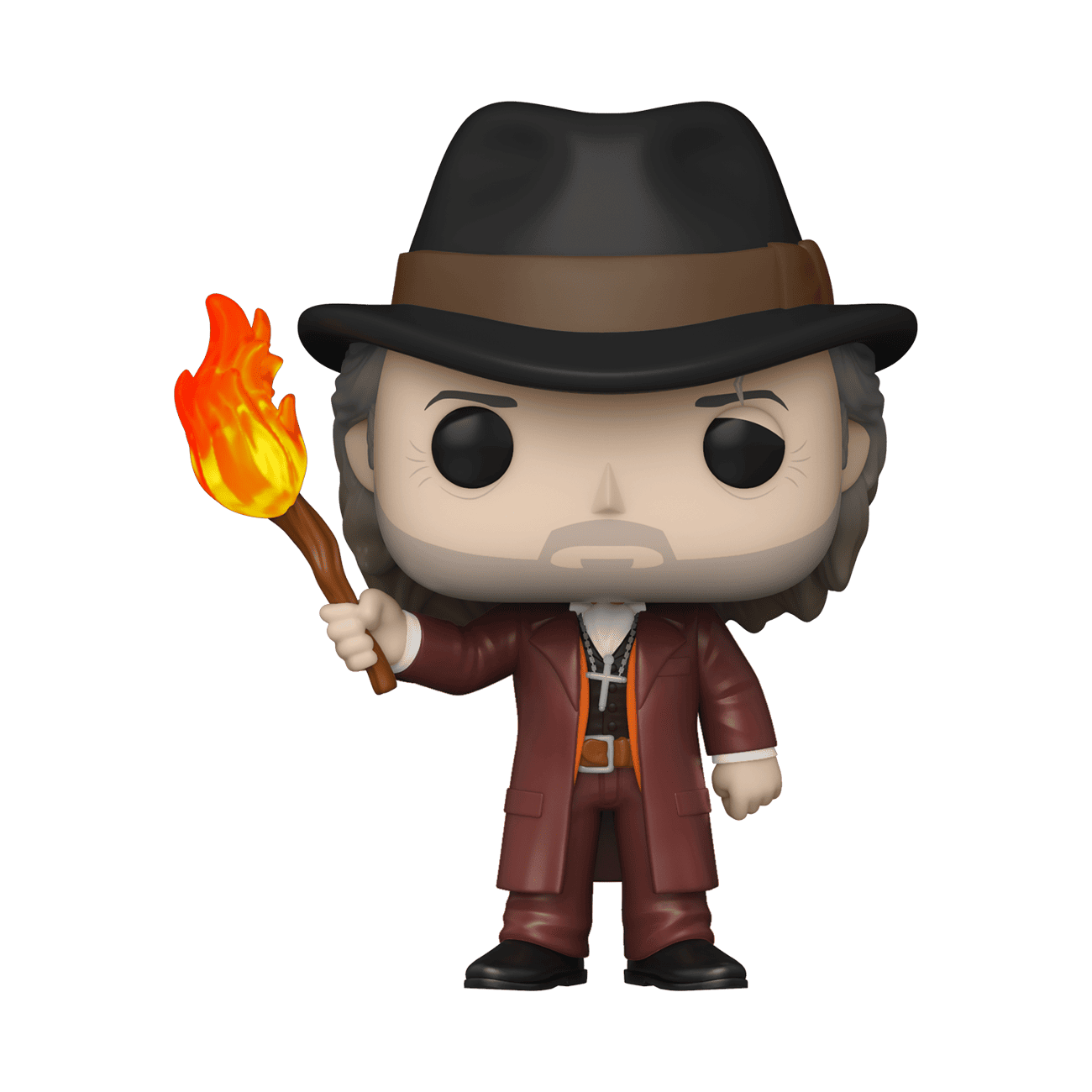 Vinyl figure of Van Helsing holding a flaming torch, wearing hat and brown coat