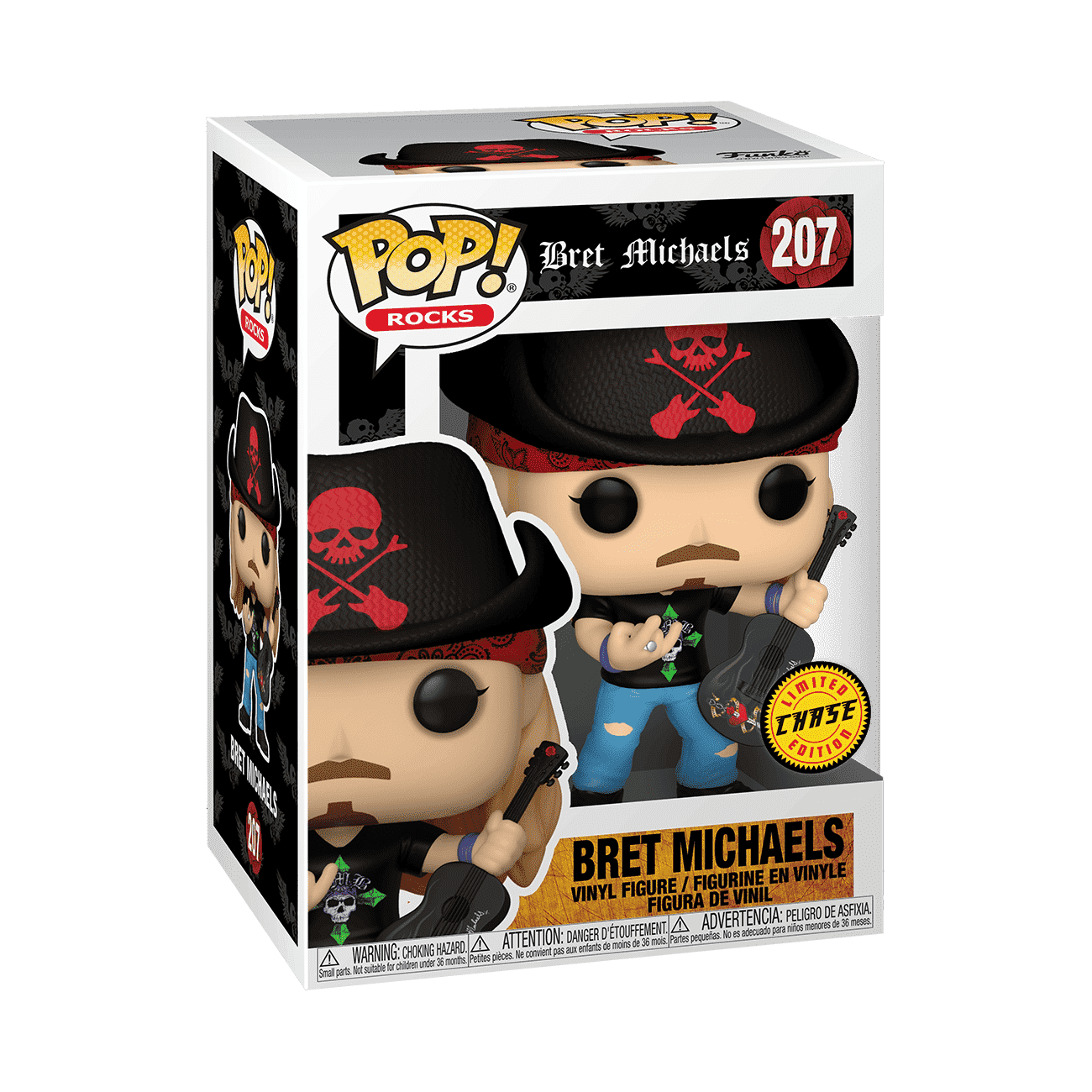 Vinyl figure in box, black pirate hat with red skull, holding guitar
