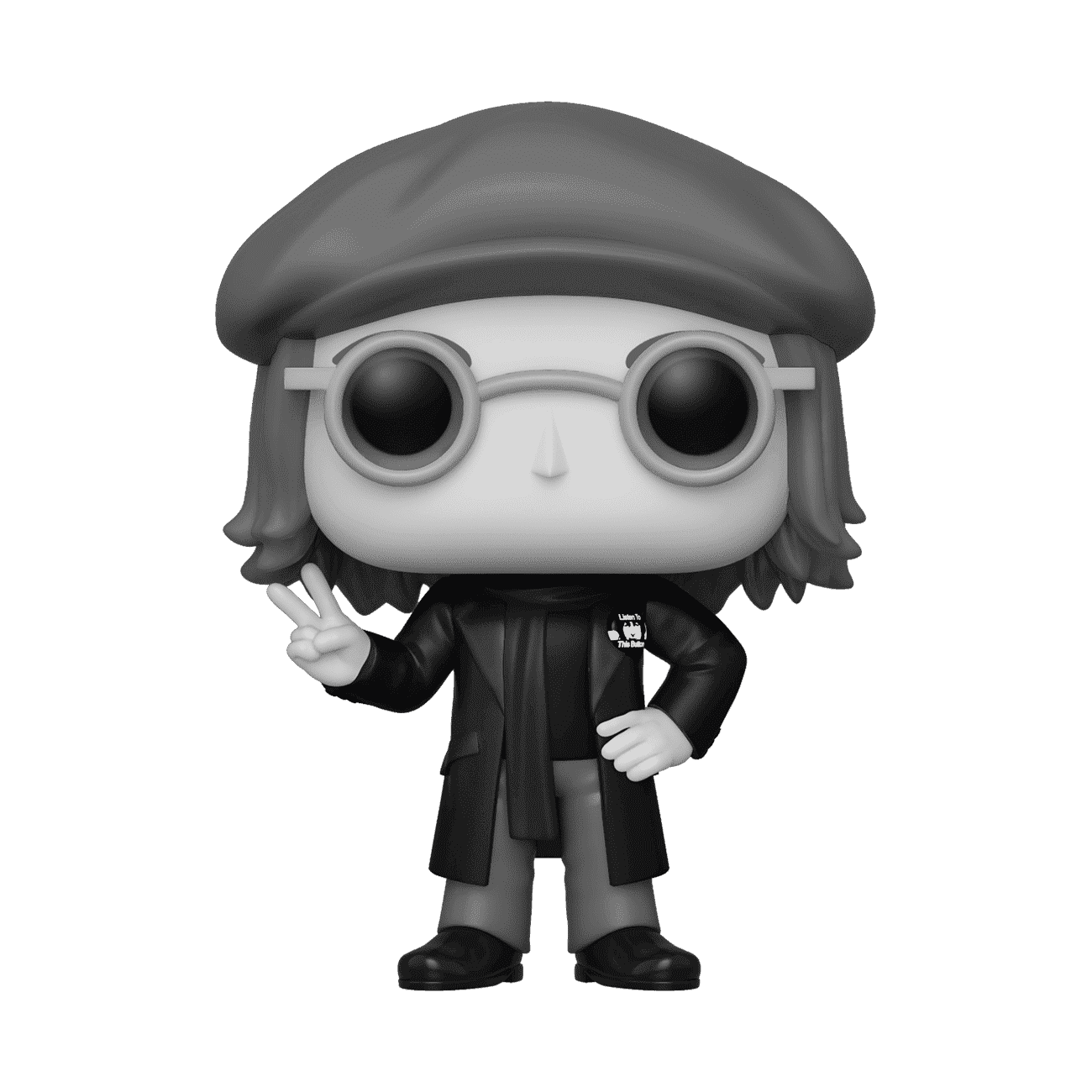 Vinyl figure man in dark peacoat and black beret, wide eyes, arms crossed