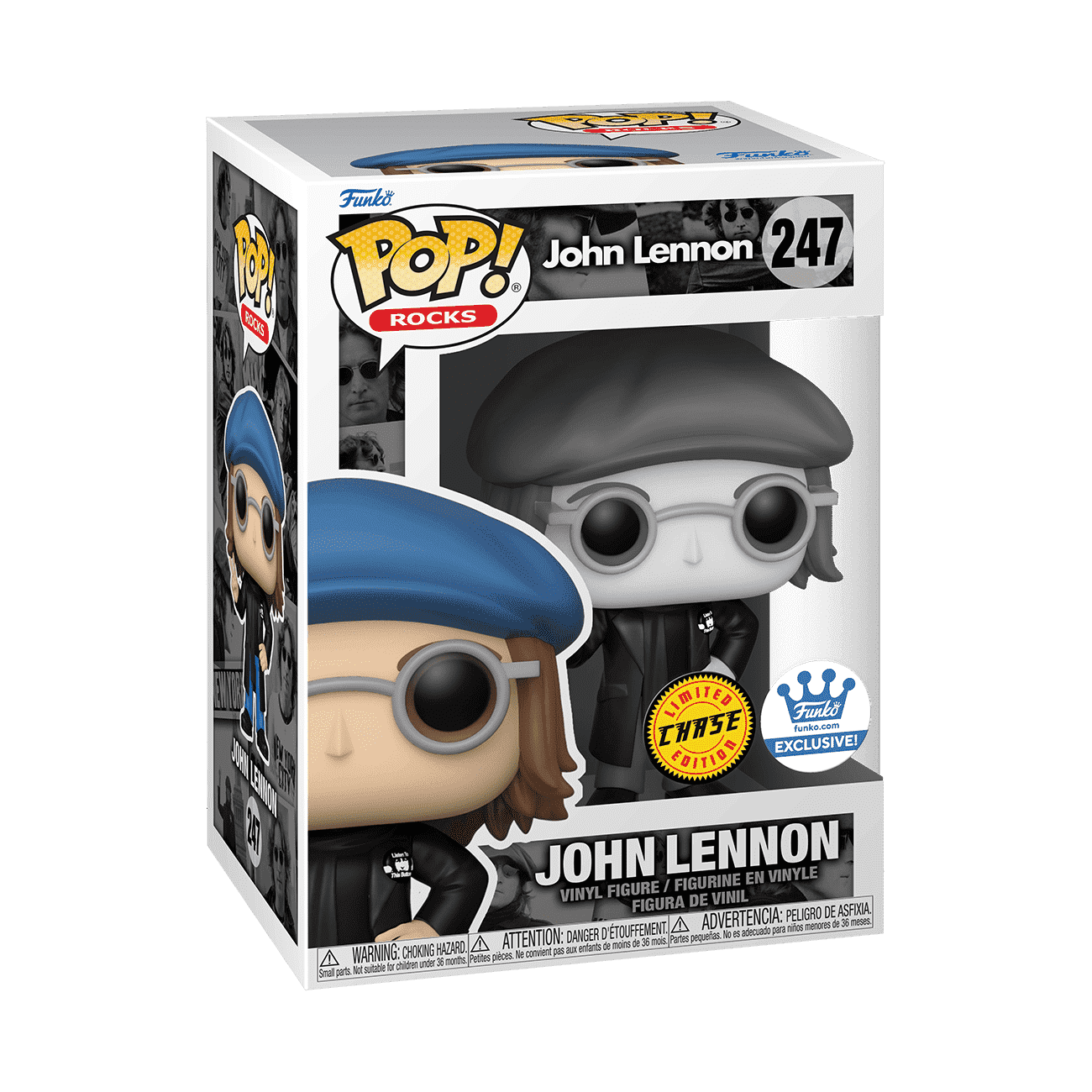 Funko Pop! Rocks vinyl figure box for John Lennon, chase badge, peacoat outfit