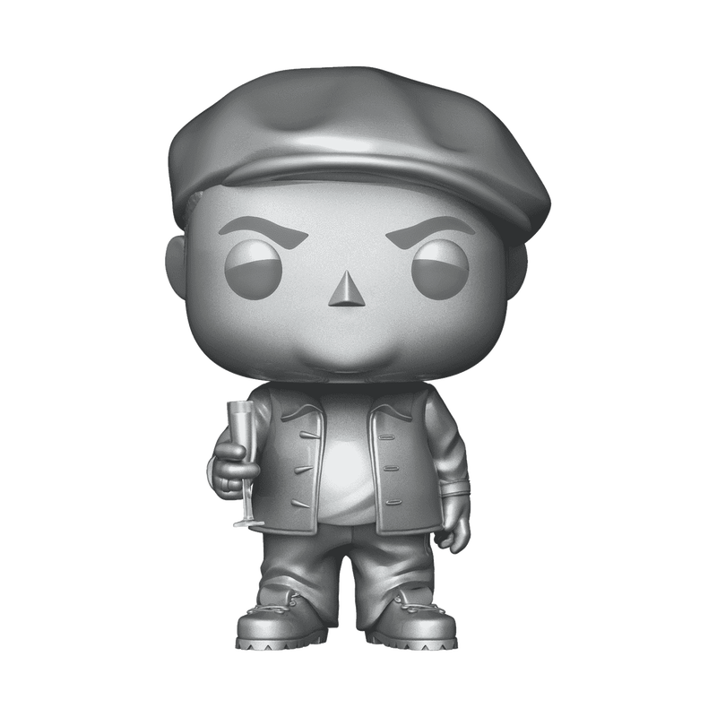 Silver vinyl collectible figure in cap and jacket, holding champagne bottle