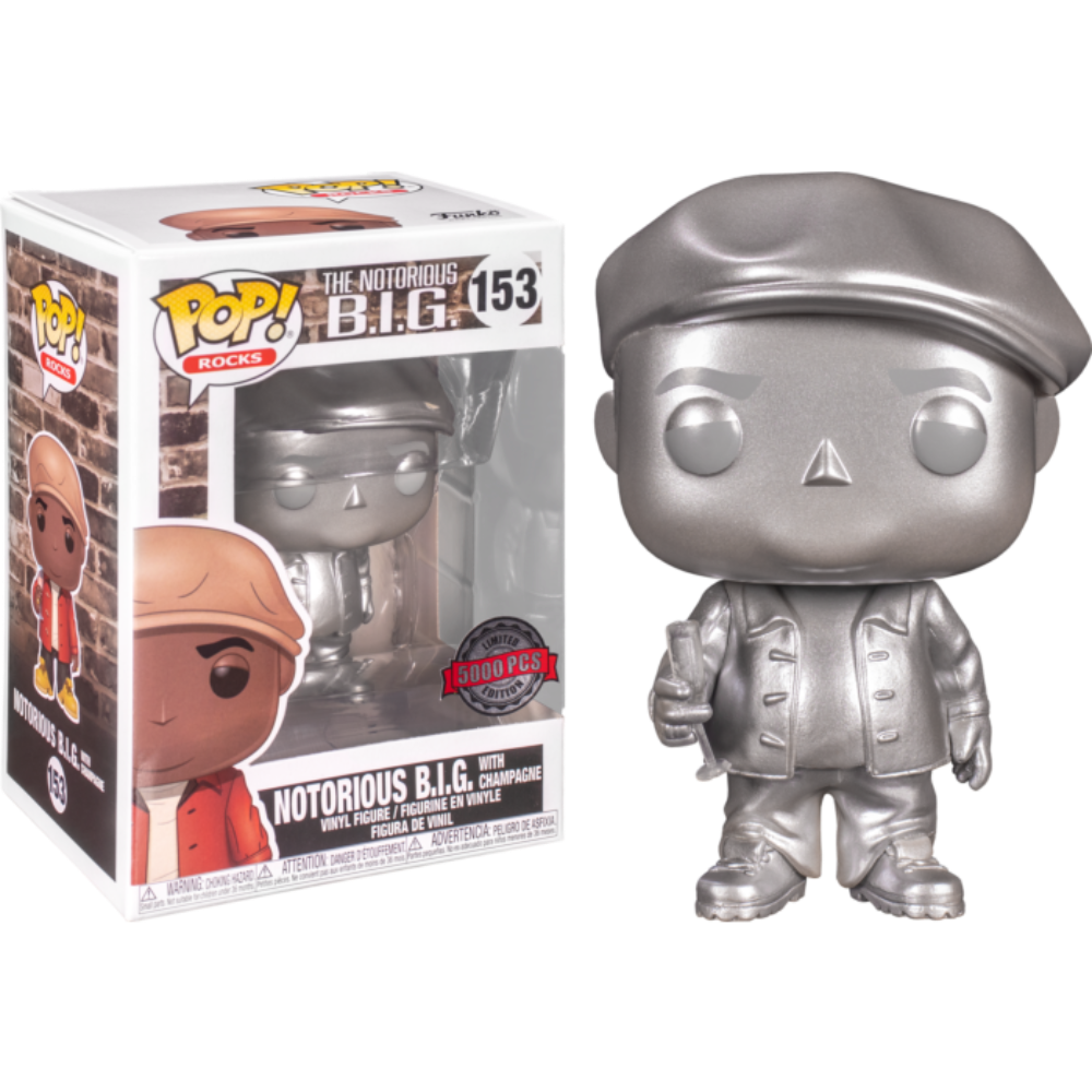 Platinum silver vinyl collectible figure in cap and jacket, holding champagne bottle