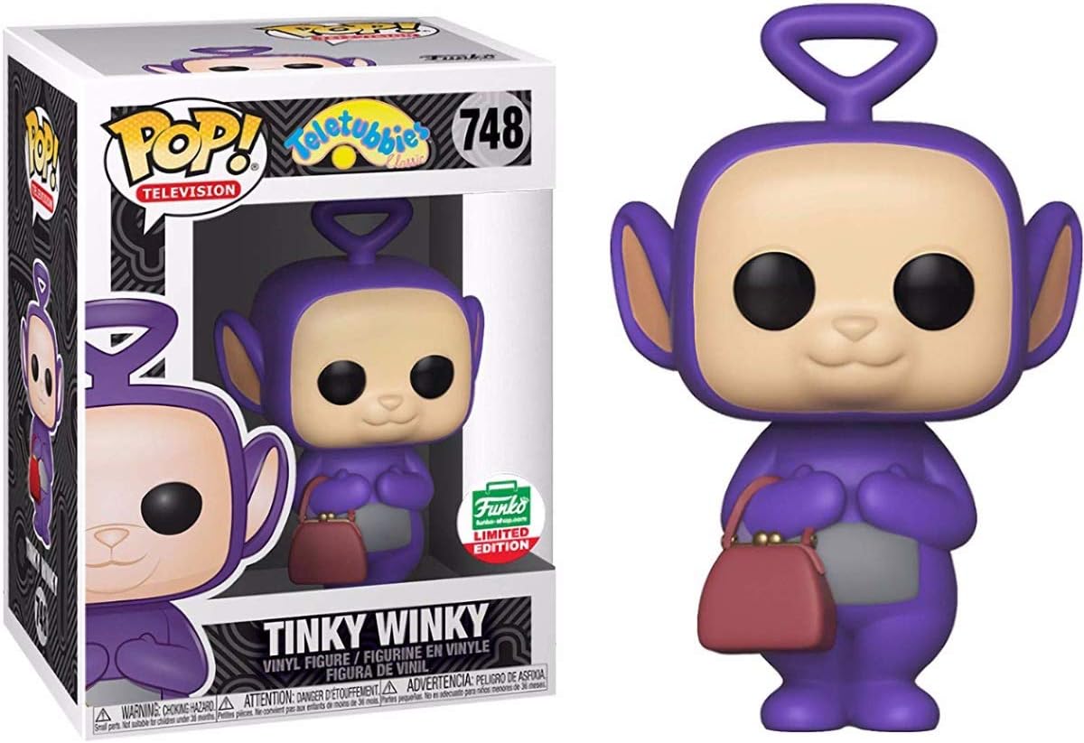 Funko Pop Tinky Winky vinyl figure with purple character design, shown in box