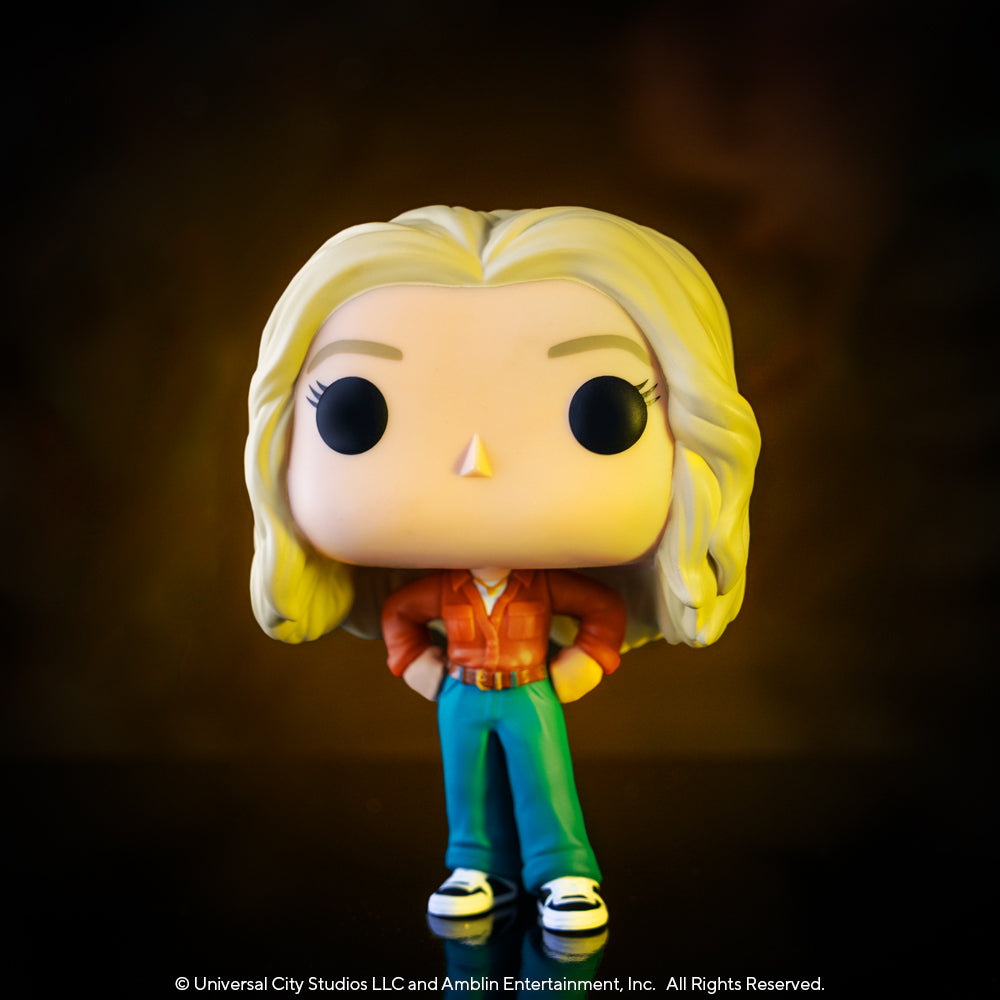 Funko POP! vinyl Dr. Ellie Sattler figure, blonde hair, orange jacket, teal trousers