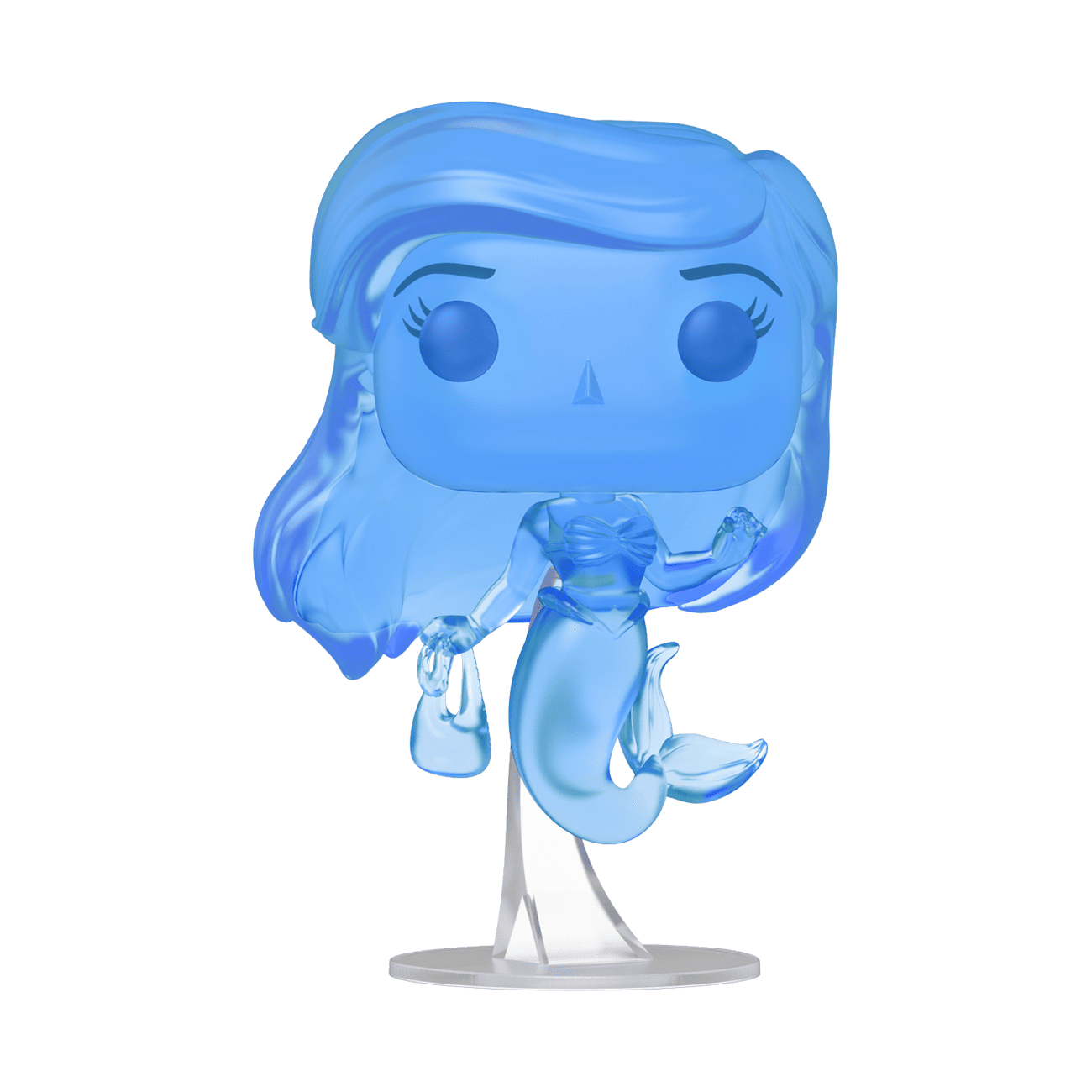 Translucent blue Ariel Funko Pop vinyl figure standing on display stand