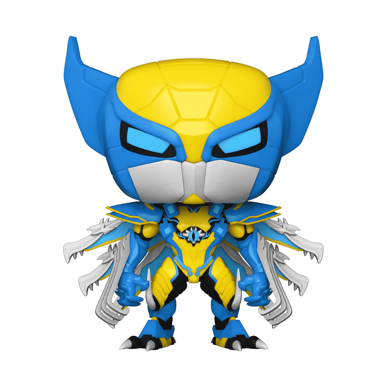 Funko Pop! Wolverine Mech Strike figure with blue armor, yellow face, and clawed hands