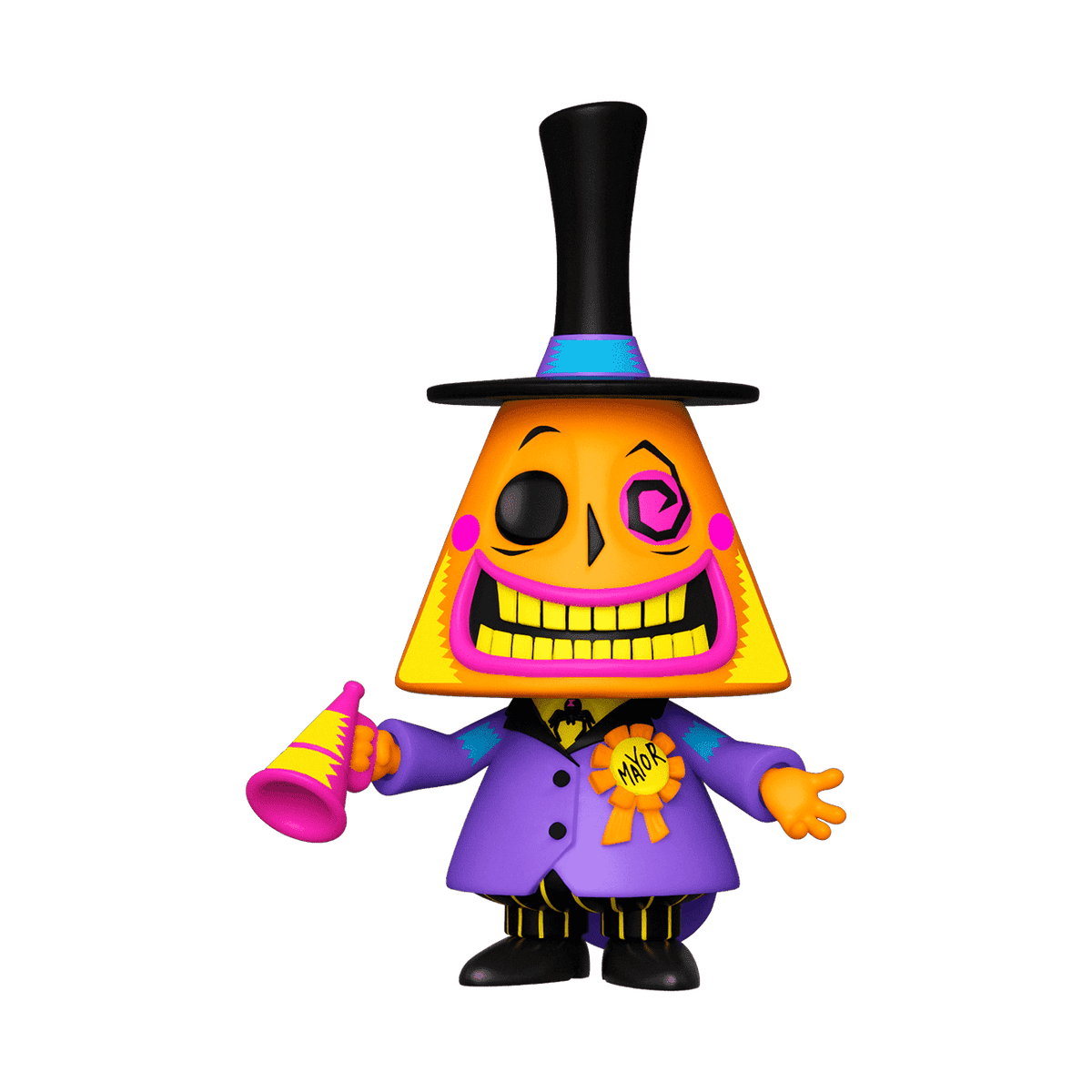 Mayor vinyl figure holding megaphone, glowing purple-and-yellow blacklight colors