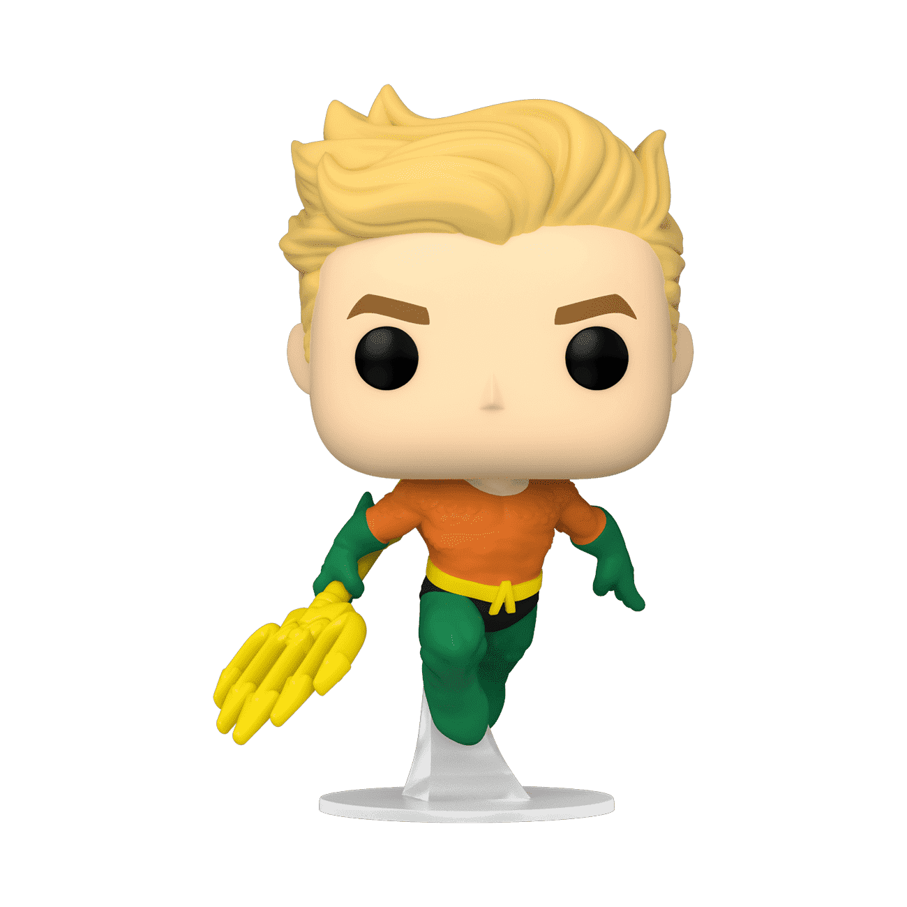 Aquaman Funko Pop! vinyl figure on stand, blonde hair, orange top, green pants