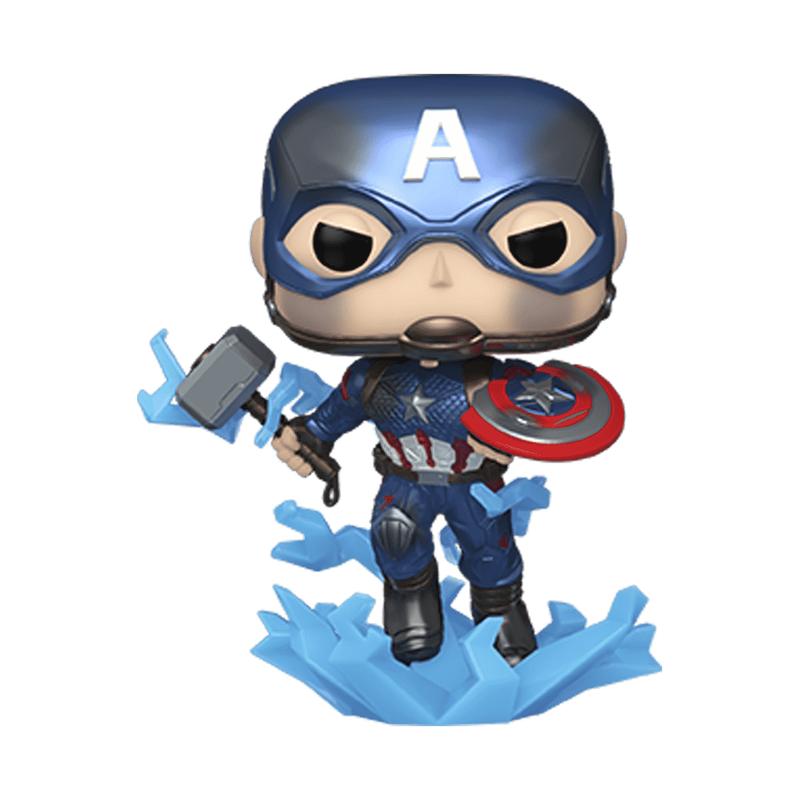 Metallic blue Captain America figure holding hammer and shield, on blue ice base