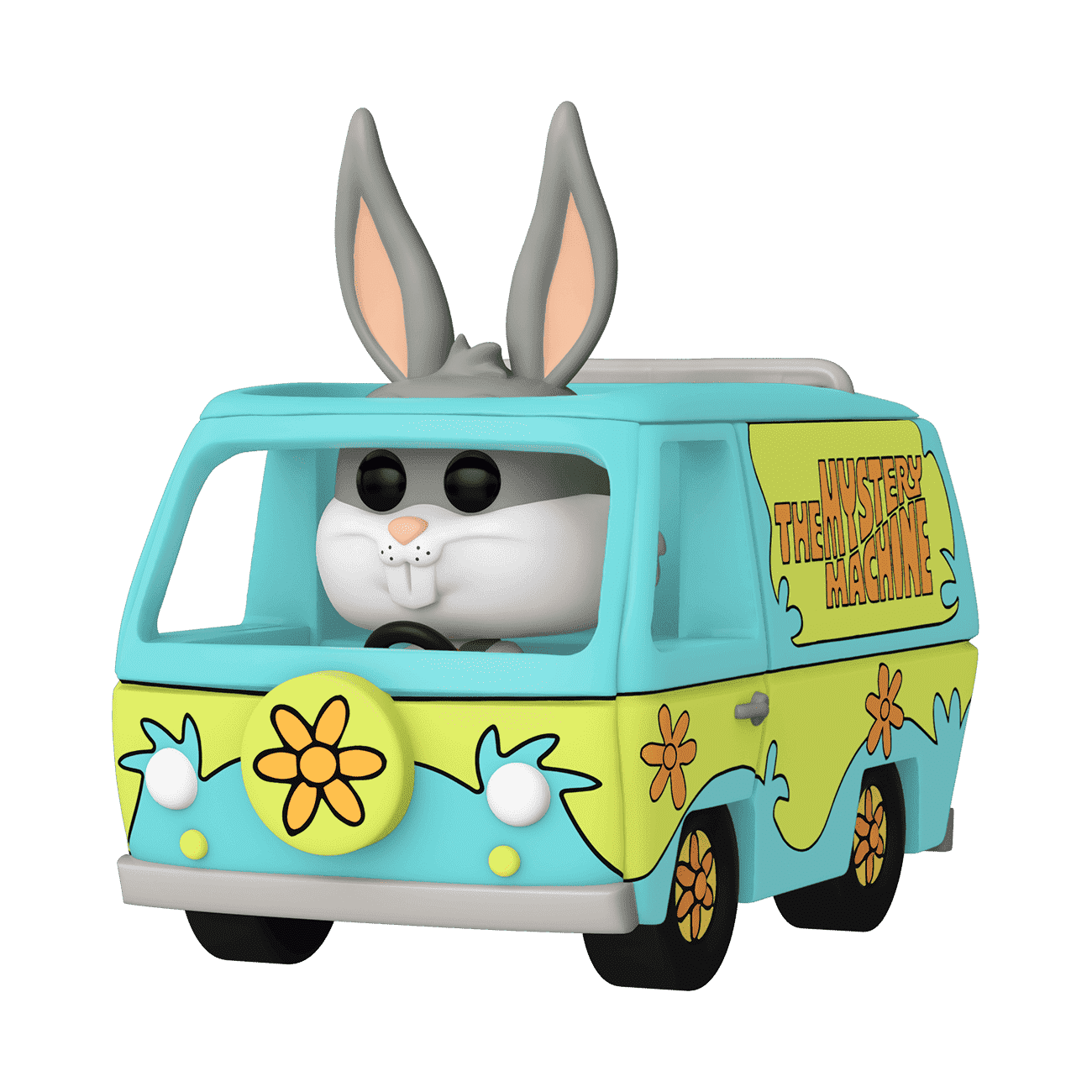 Teal and yellow Mystery Machine vinyl vehicle with Bugs Bunny figure on roof
