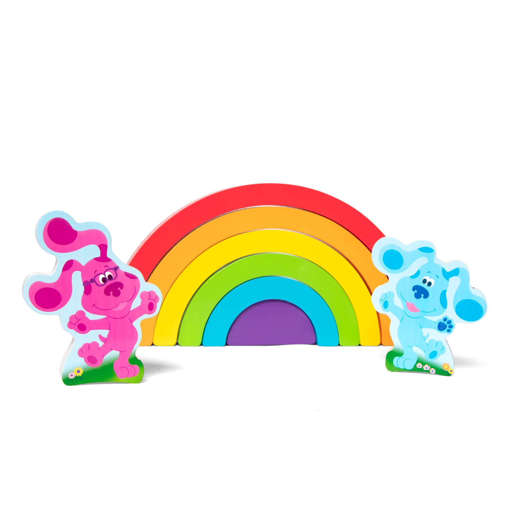 Melissa & Doug wooden rainbow stacking puzzle with pink and blue character pieces
