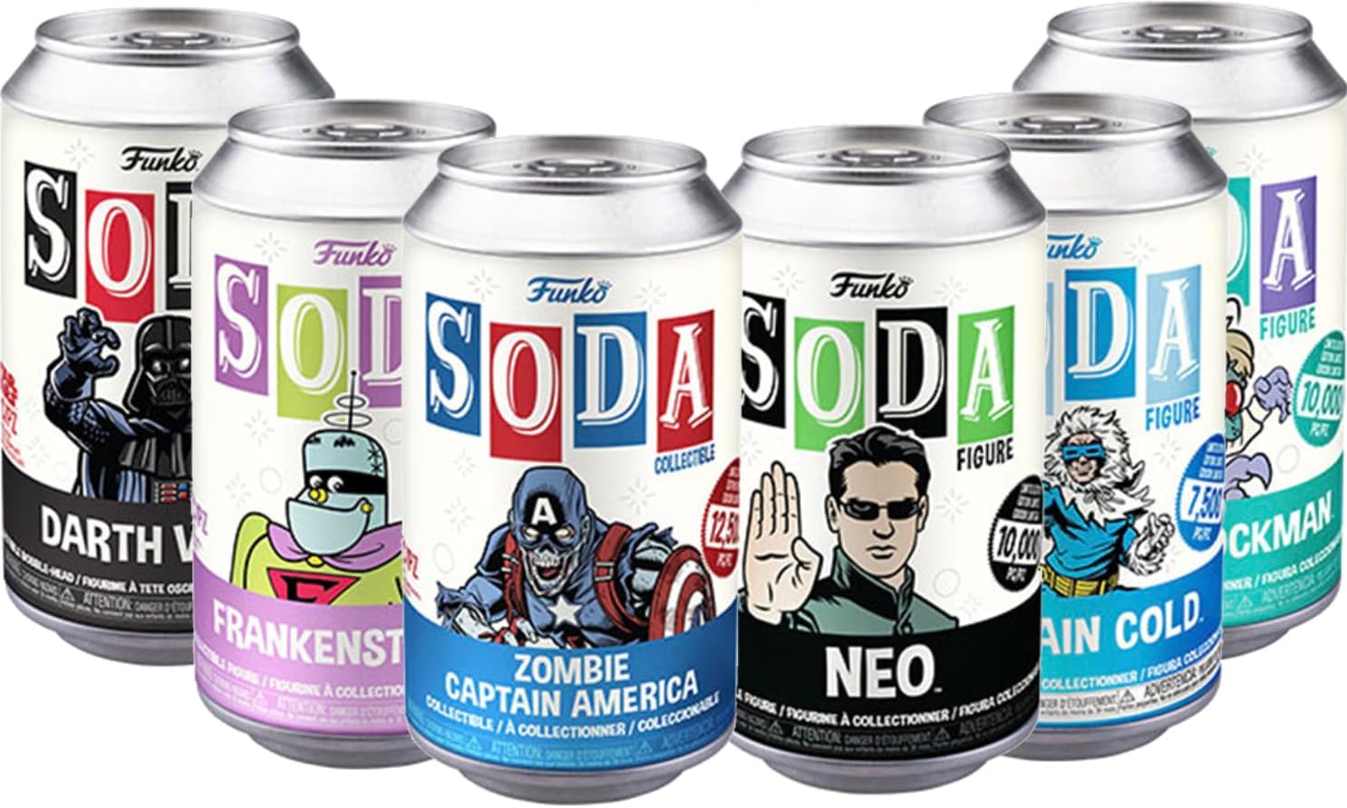 Vinyl Soda can set of 6 with different character designs in red, blue, green, and black
