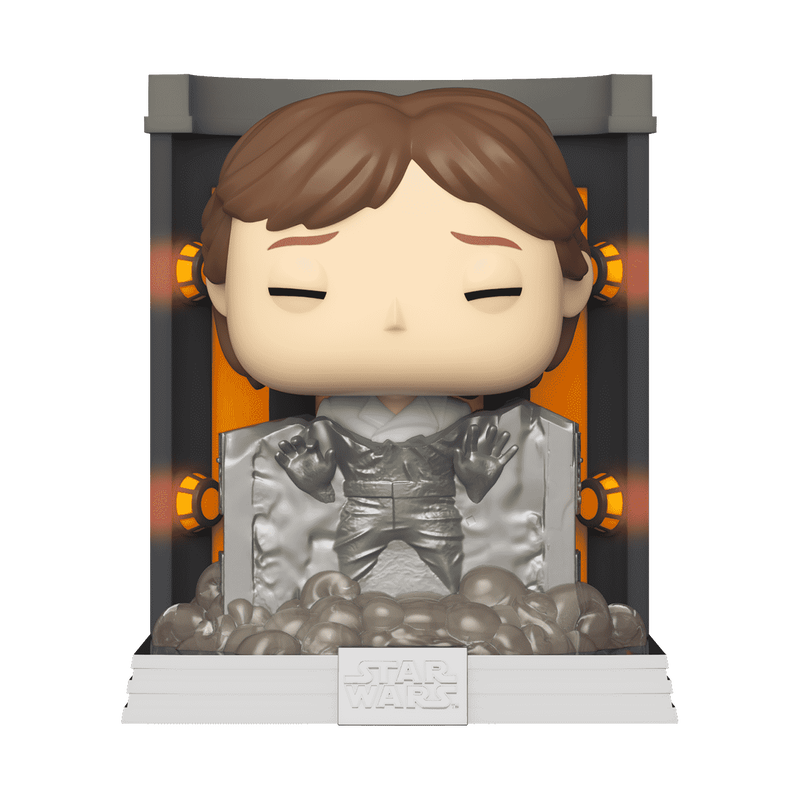 Deluxe Han Solo in carbonite Funko Pop figure close-up, eyes closed in carbonite