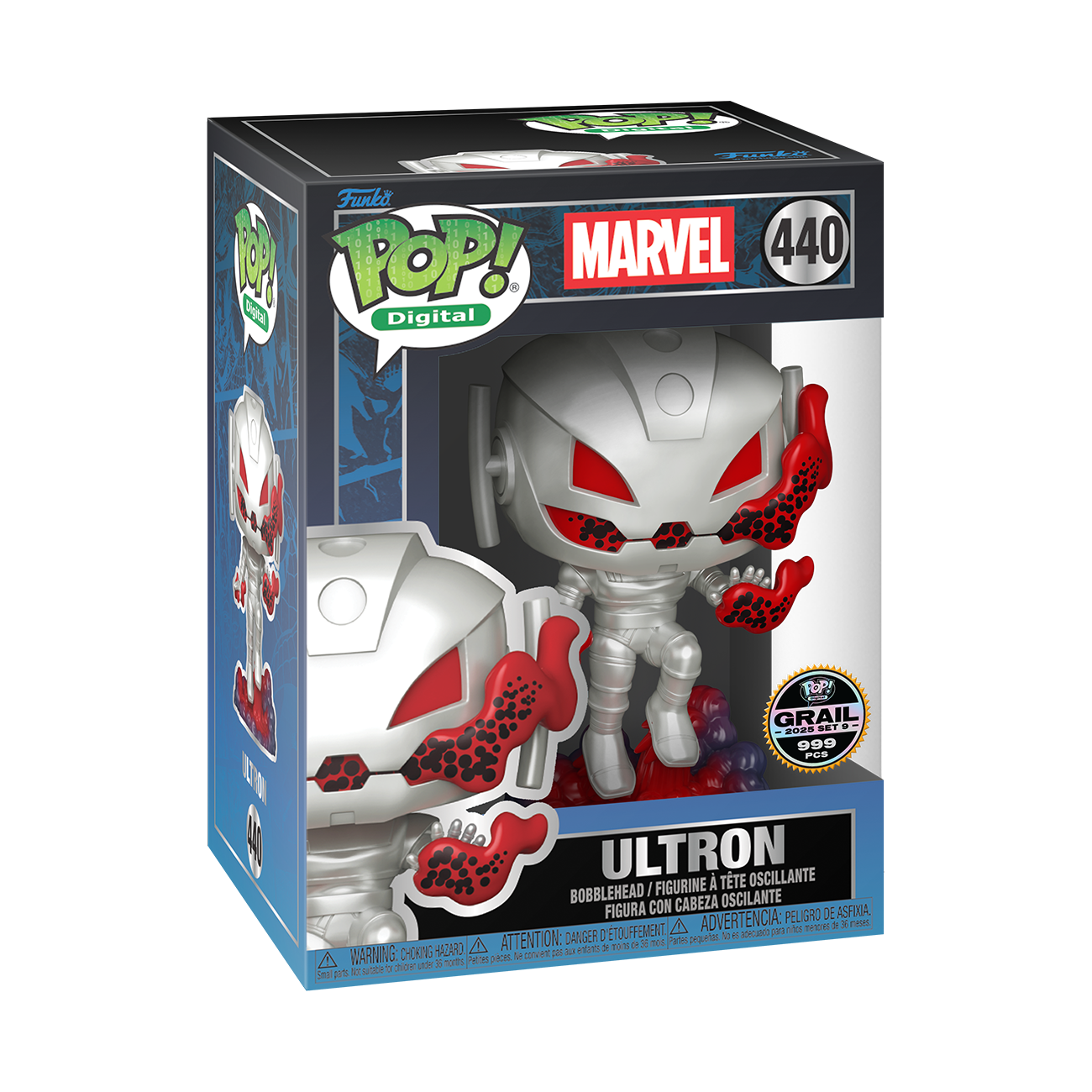 Funko Pop! Digital Ultron boxed figure, silver robot with red eyes and flames