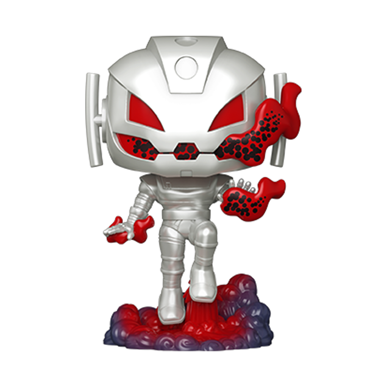 Ultron Funko Pop figure, silver robot with red eyes and claw details
