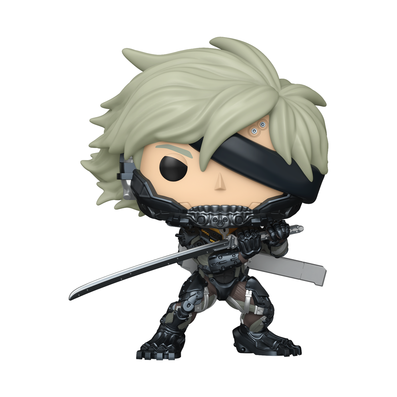 Raiden vinyl action figure with pale green hair, black face guard, and dual blades