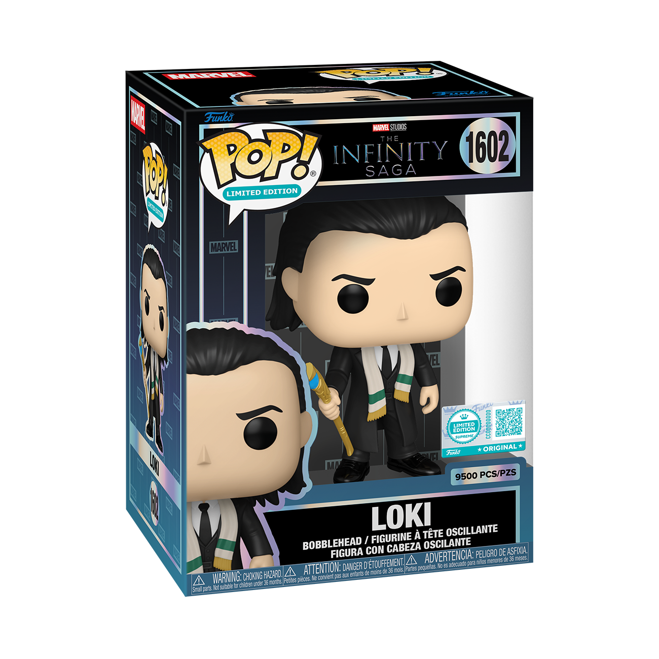 Boxed vinyl collectible figure of Loki holding a gold sceptre, Limited Edition 1602