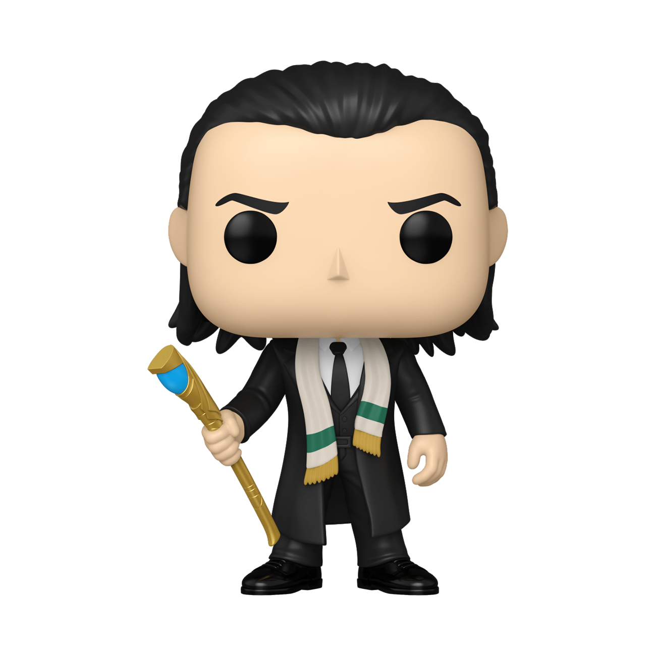 Vinyl Loki figure standing with a gold sceptre and green scarf