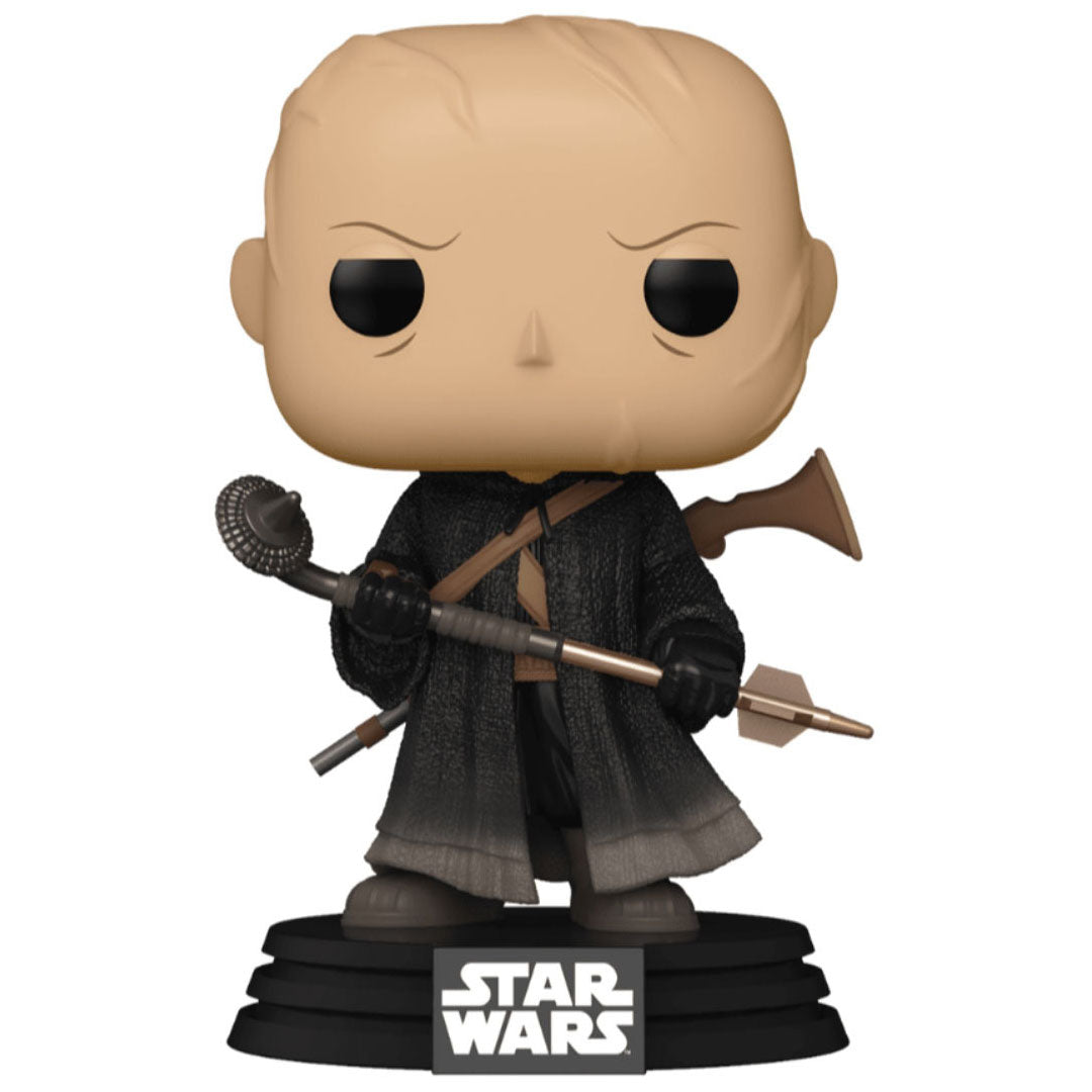 Boba Fett Funko Pop vinyl figure, tan head, black outfit, dual weapons, Star Wars base