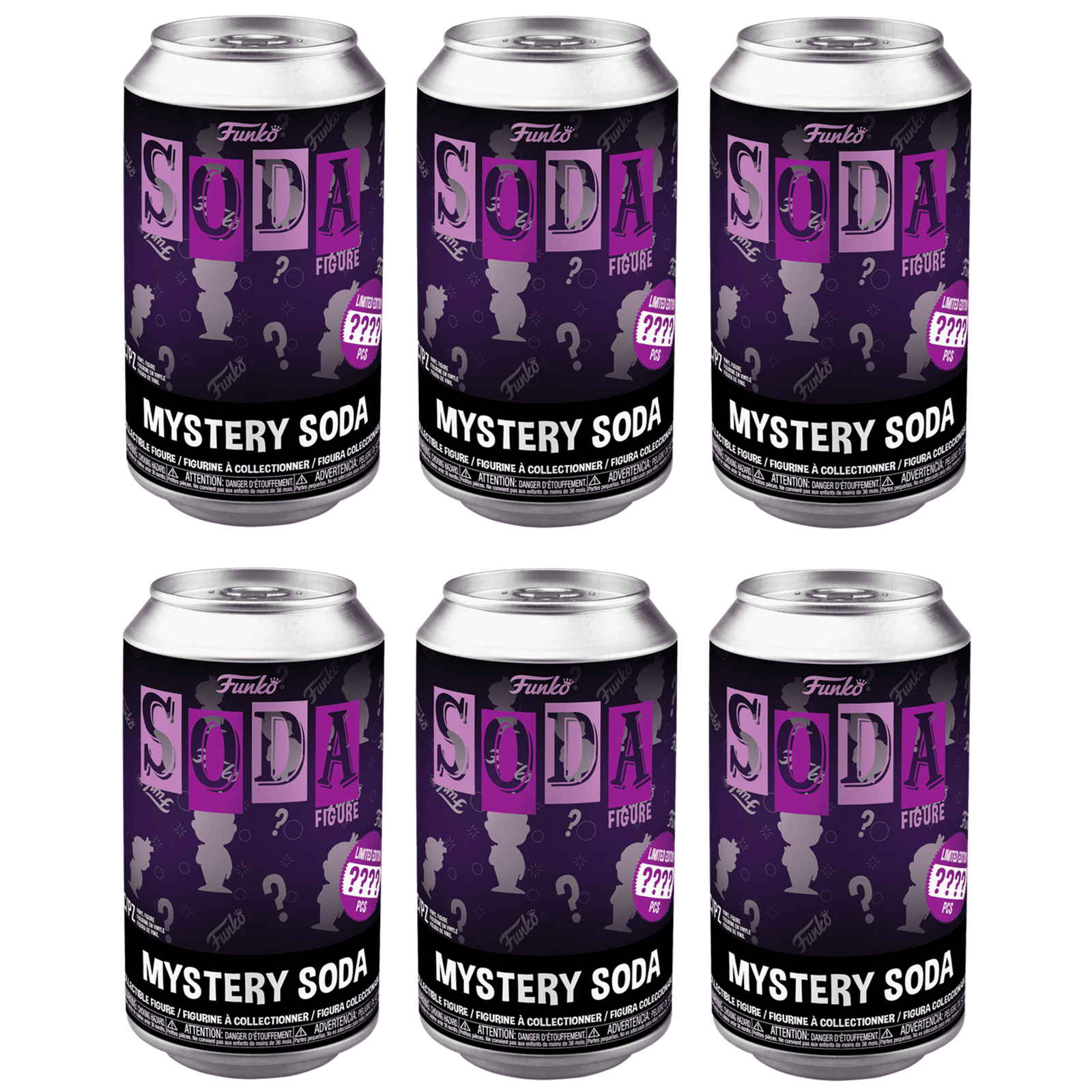 Vinyl Soda starter set: 6 metallic silver and purple cans labeled 'Mystery Soda'
