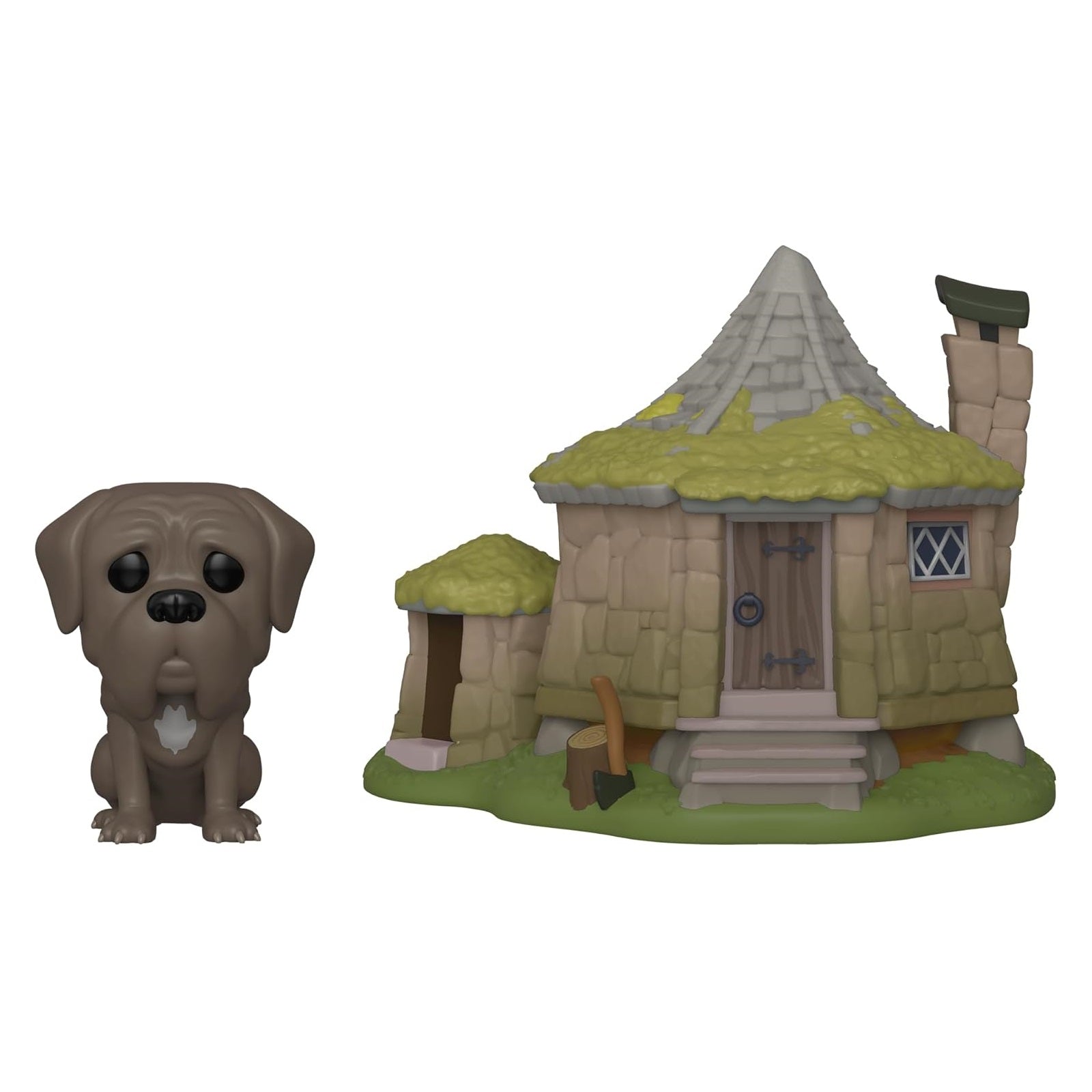 Funko Pop! Town dog figure and Hagrid's Hut house with green moss roof and window