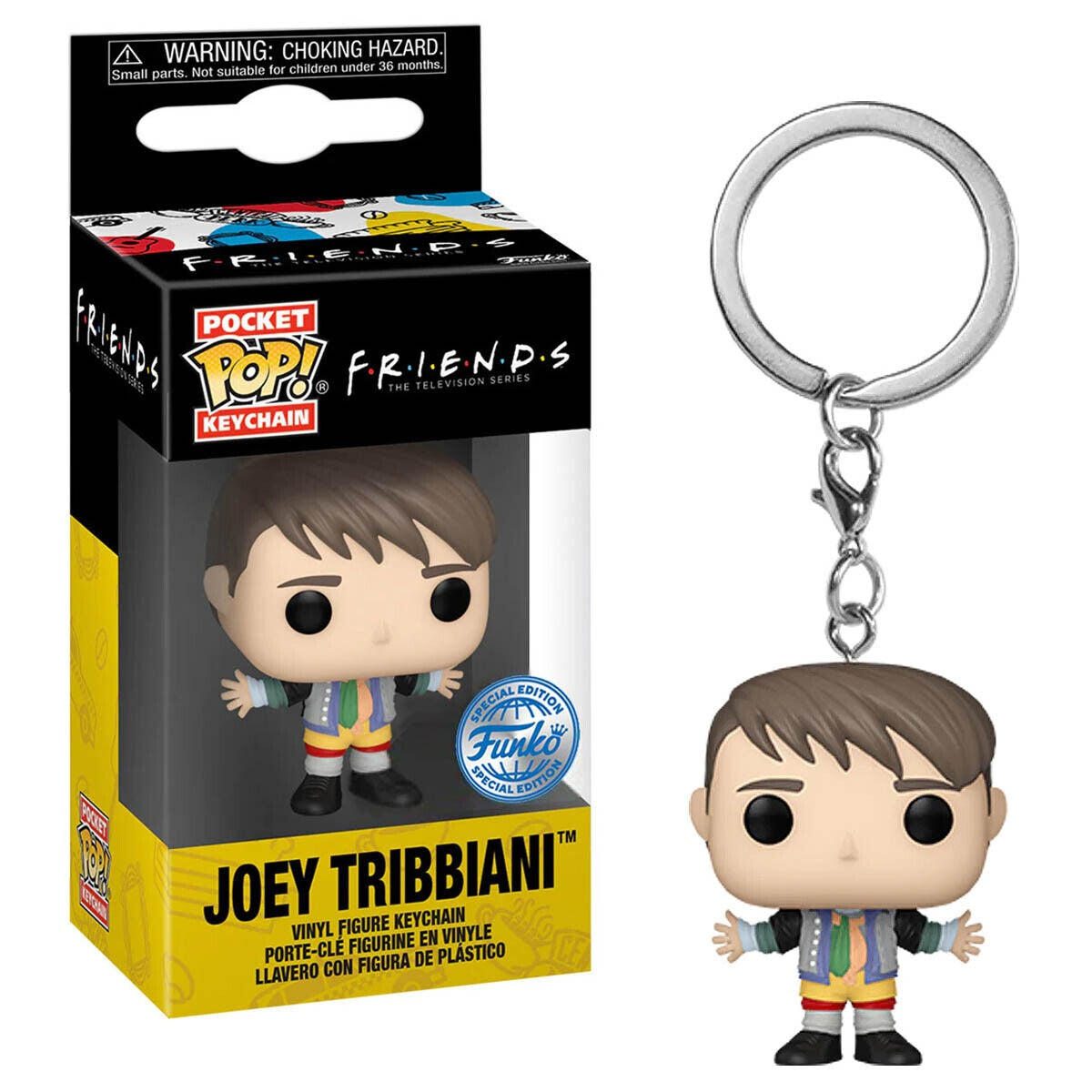 Joey Tribbiani Funko POP keychain figure in colorful striped outfit and brown hair