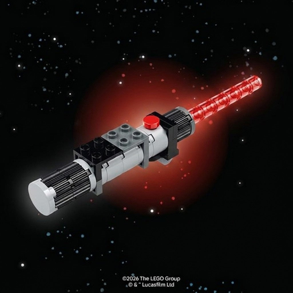 LEGO Star Wars lightsaber toy with red blade against a dark space background