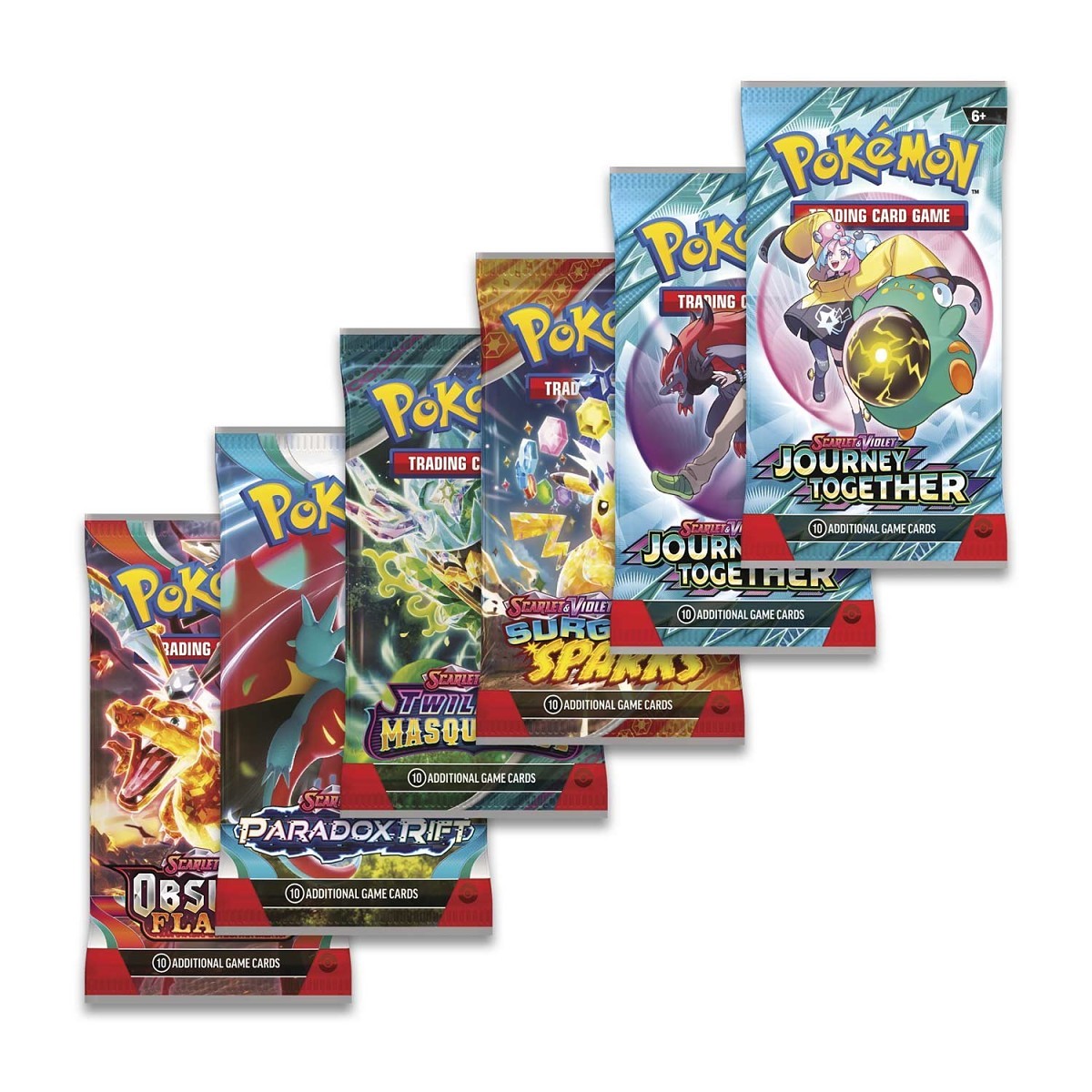 Pokémon TCG sealed English booster packs, featuring character and scene illustrations