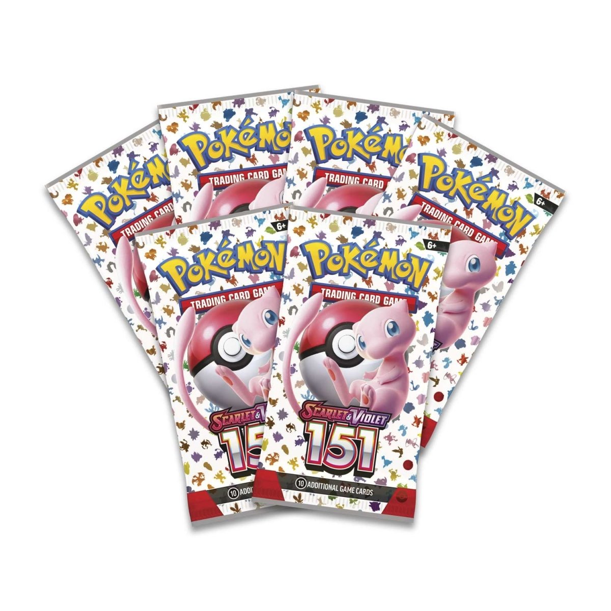 Pokémon 151 trading card booster packs, four in a fan with Mew artwork