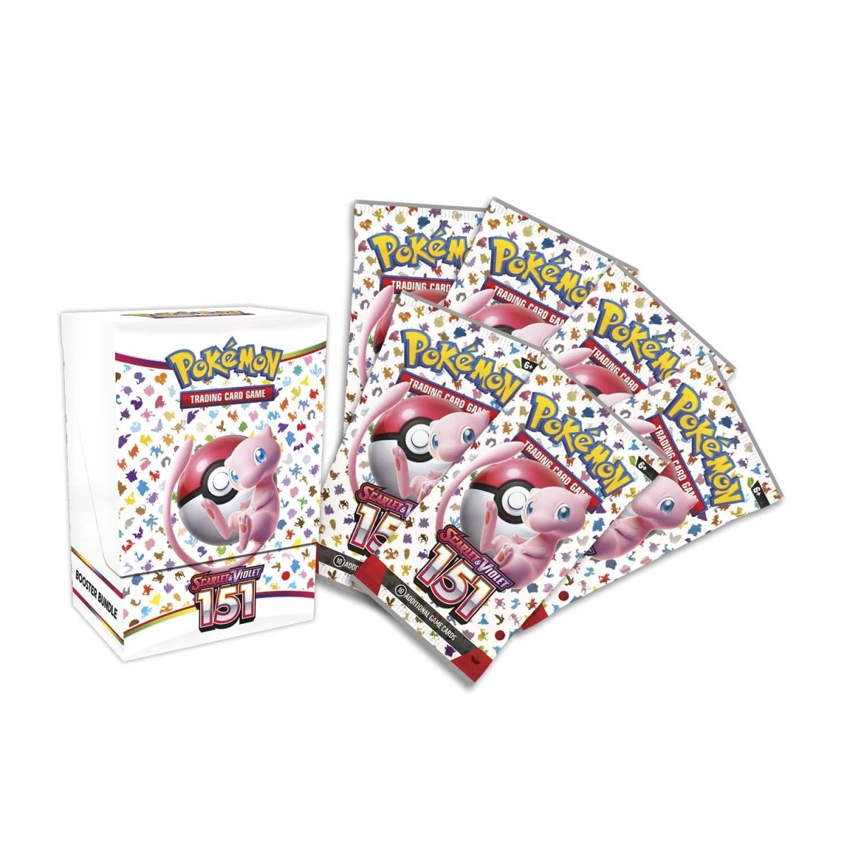 Pokémon 151 booster bundle box with five booster packs fanned, featuring Mew art