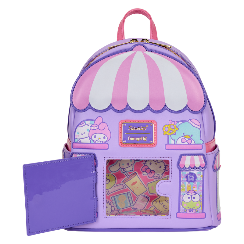 Hello Kitty bakery bag with front pocket and purple storefront graphic on panel