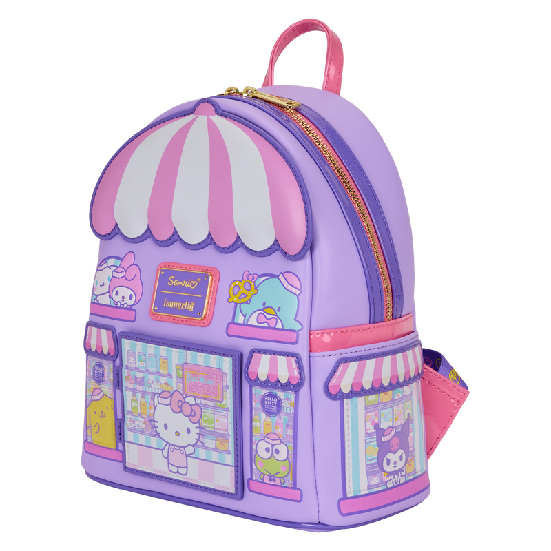 Hello Kitty bakery bag side view in purple with gold zipper trim and shop icons