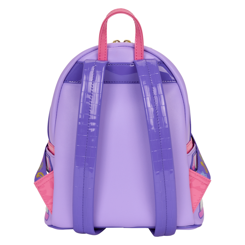 Hello Kitty bakery bag back view with purple straps and pink top handle